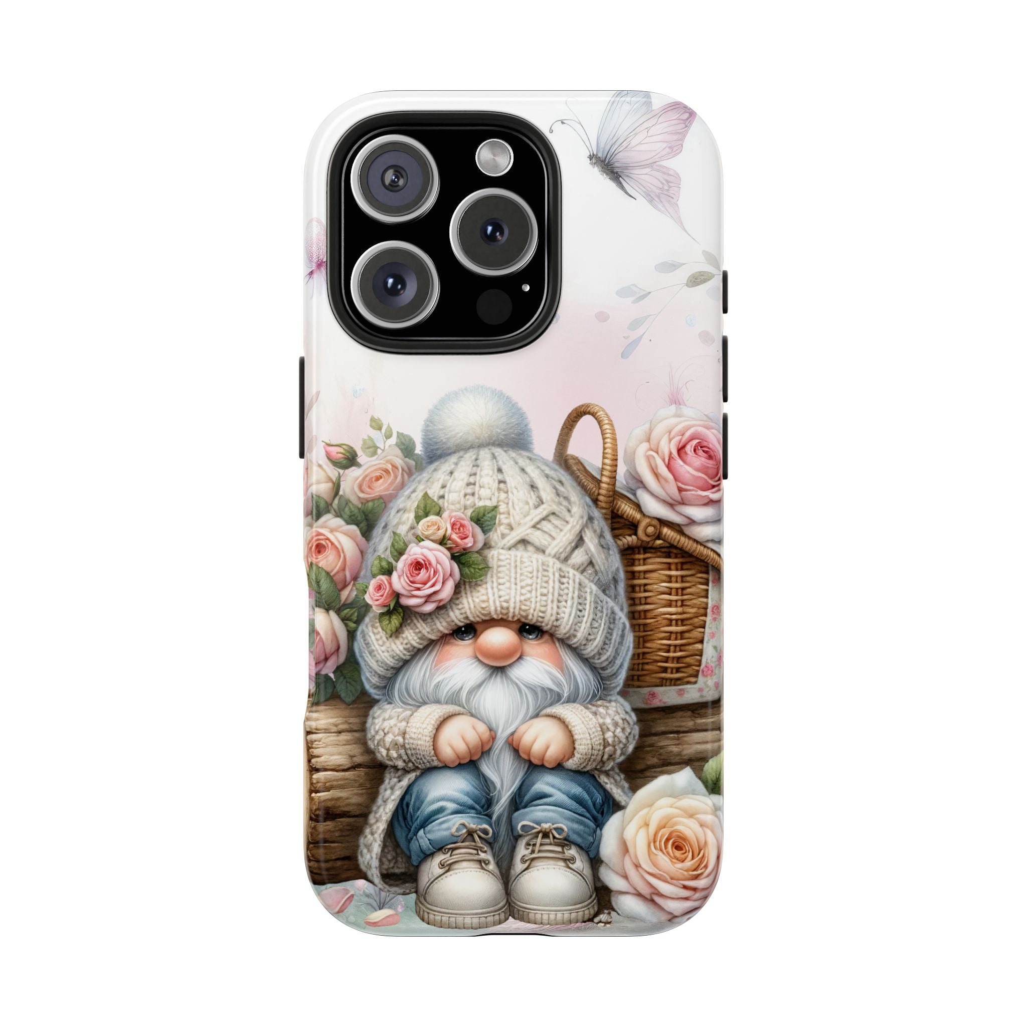 Cute Pink Roses Floral Gnome Tough Phone Case - Whimsical Design for Nature Lovers