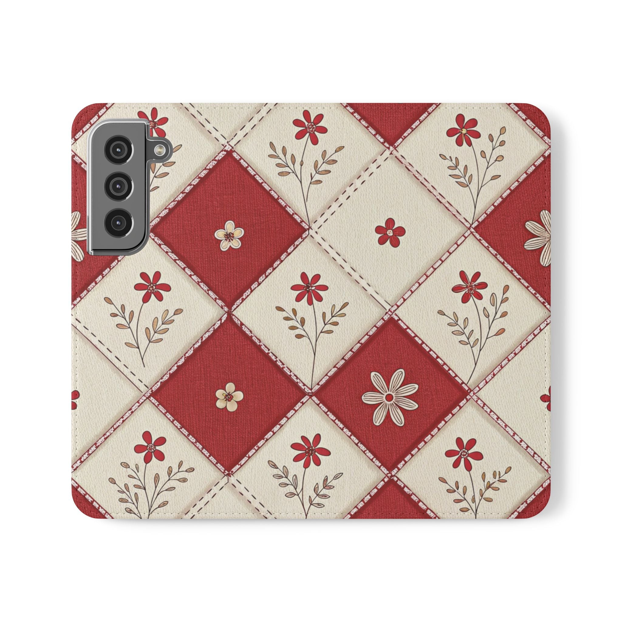 Floral Diamond Red & Beige Pattern Flip Case Stylish iPhone Samsung Cover with Card Holder
