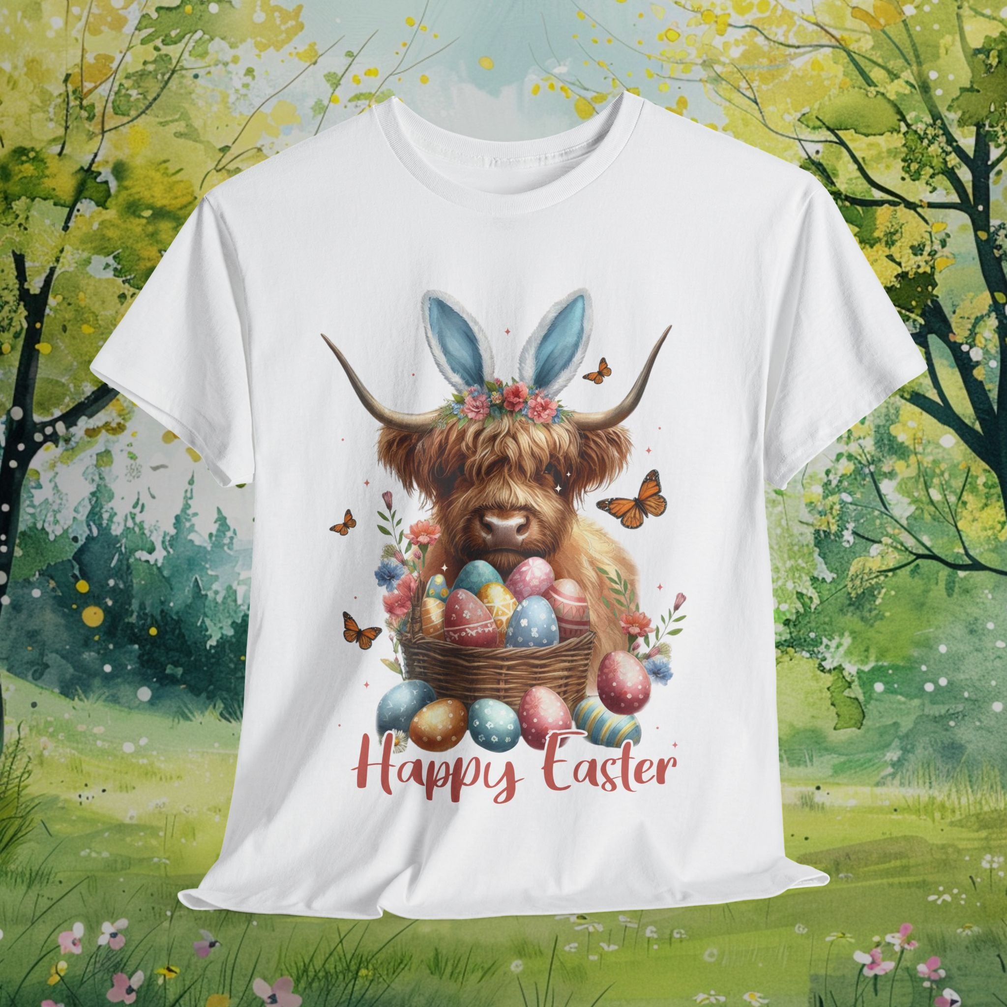 Happy Easter Highland Cow Heavy Cotton Tee