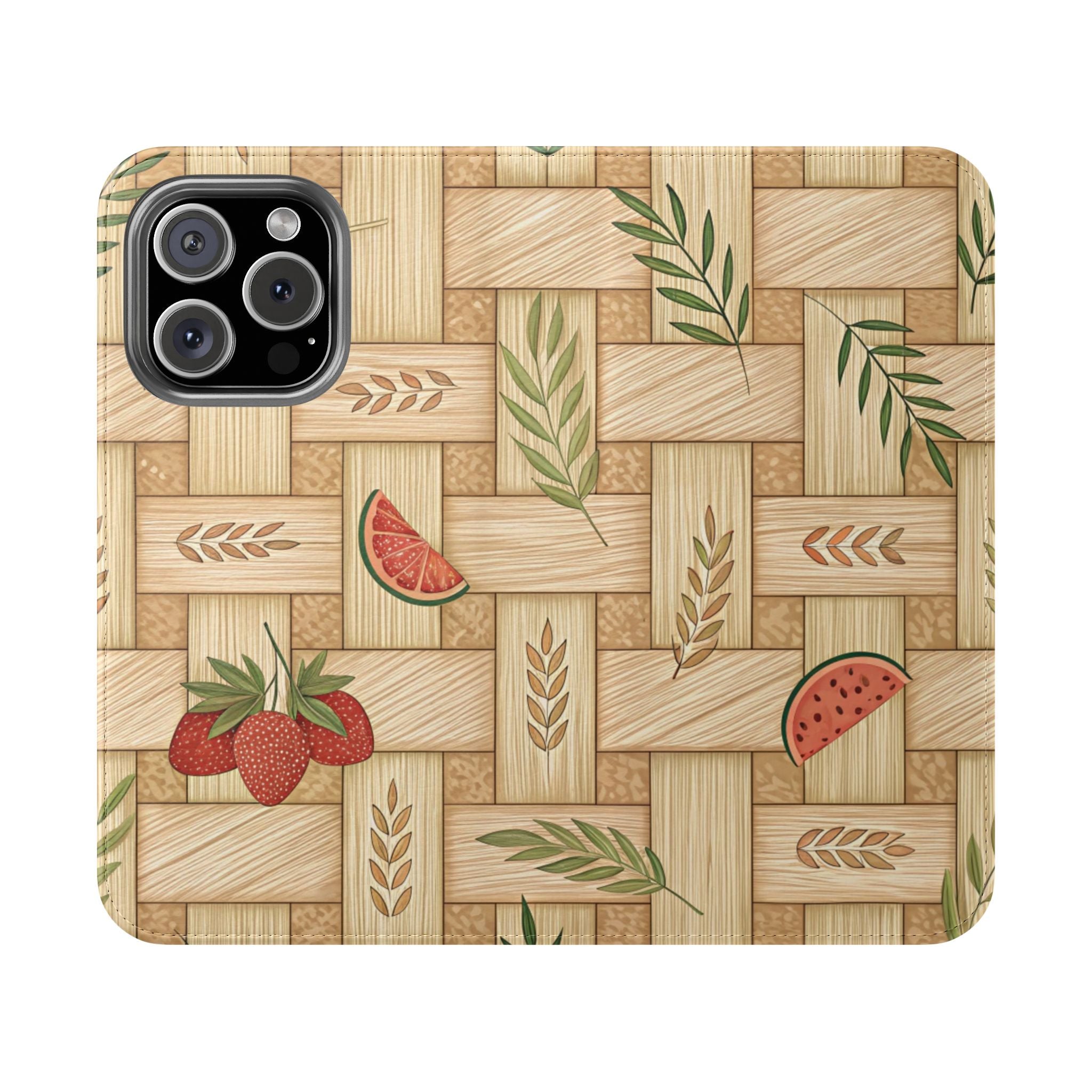 Floral Flip Case for Smartphones Stylish Nature Inspired Design with Strawberries & Watermelon iPhone Samsung Cover