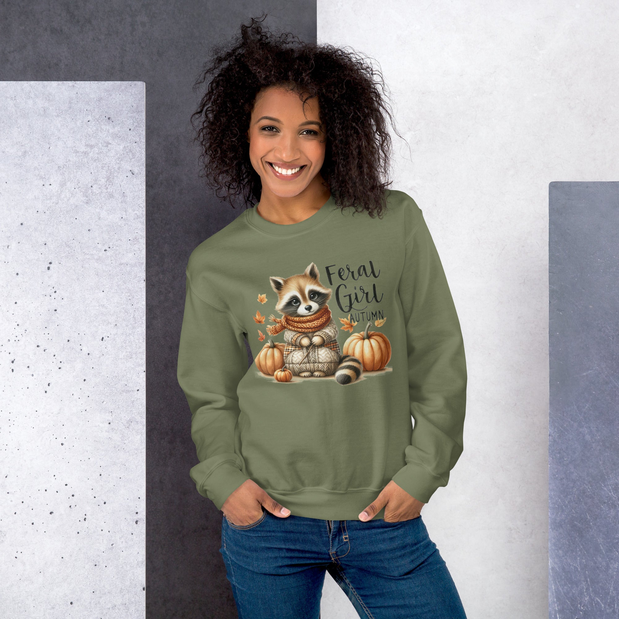 Feral Girl Racoon Autumn Graphic Sweatshirt