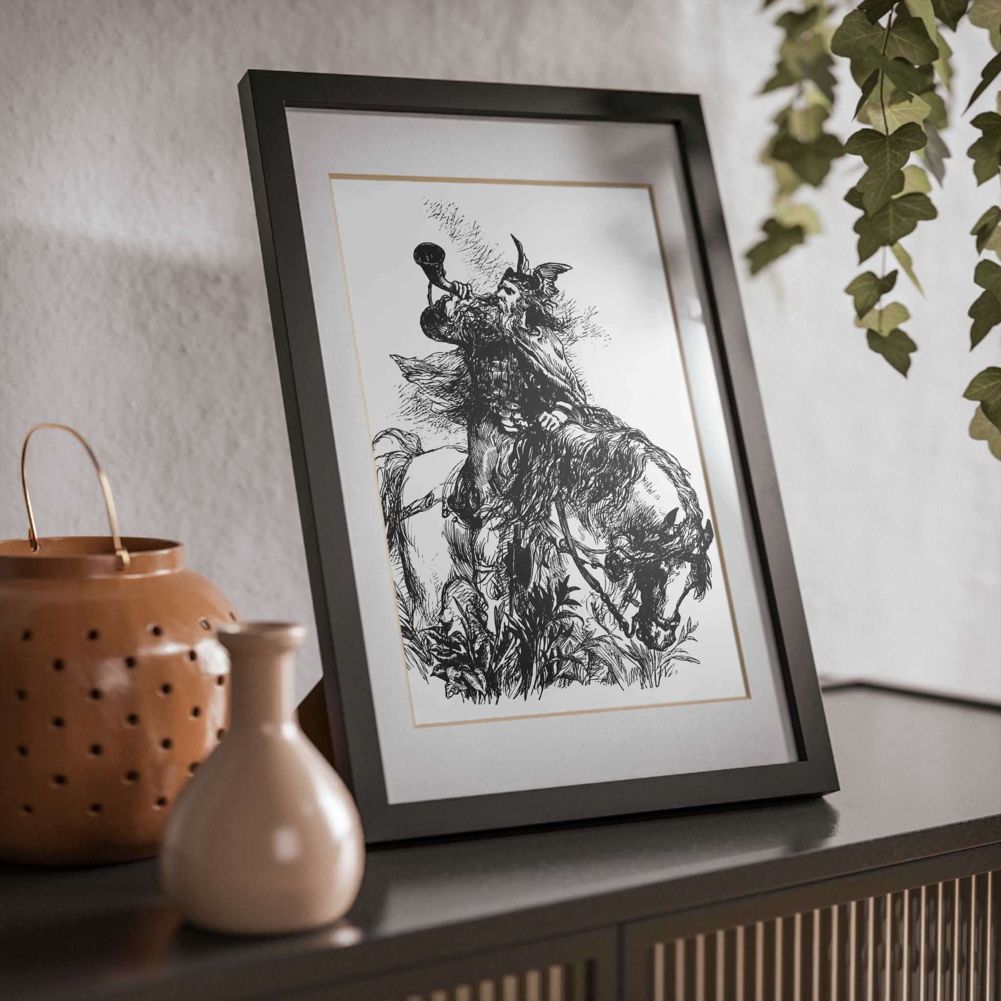 Viking Blowing Horn While On Horseback Black Framed Print