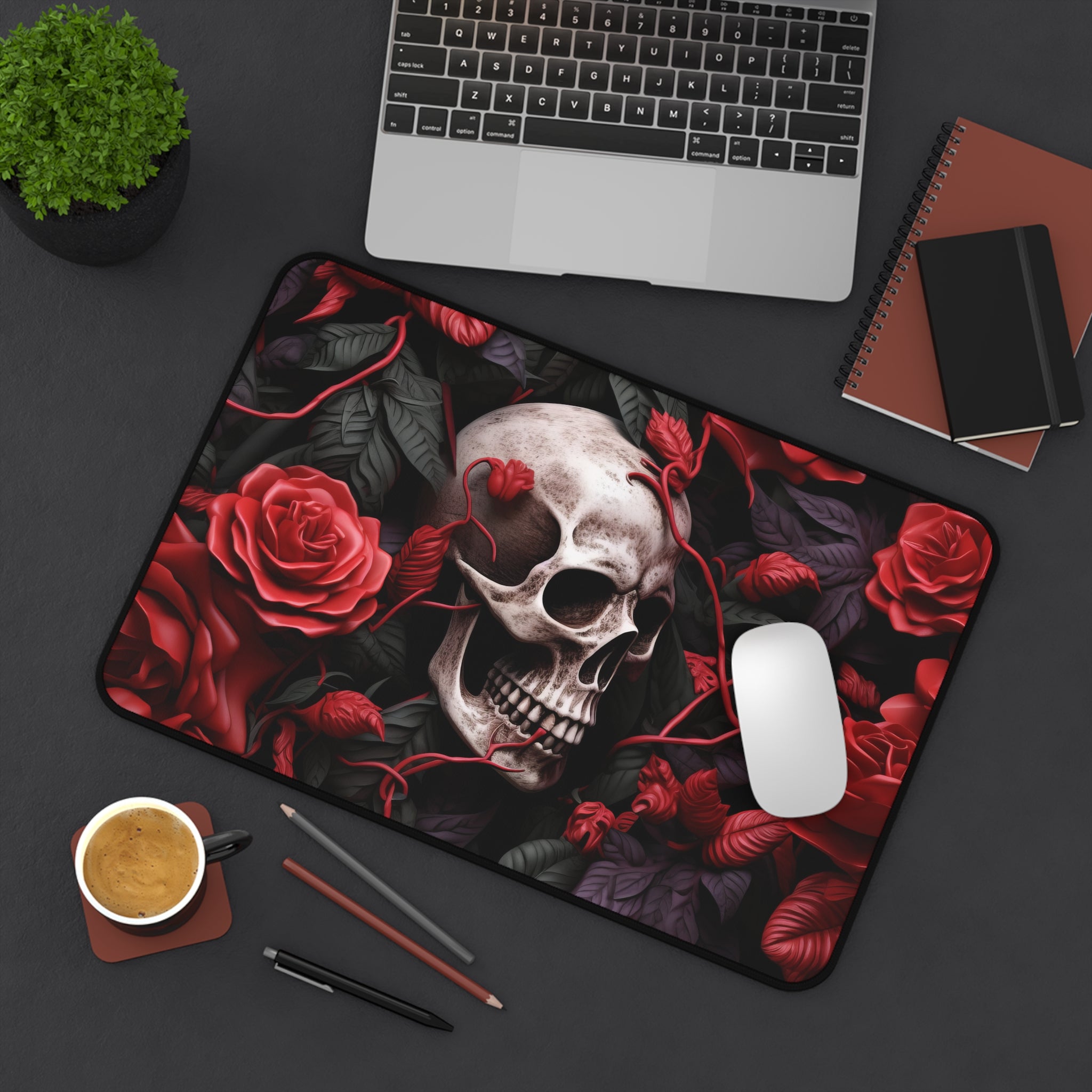 Skull And Red Roses Desk Mat