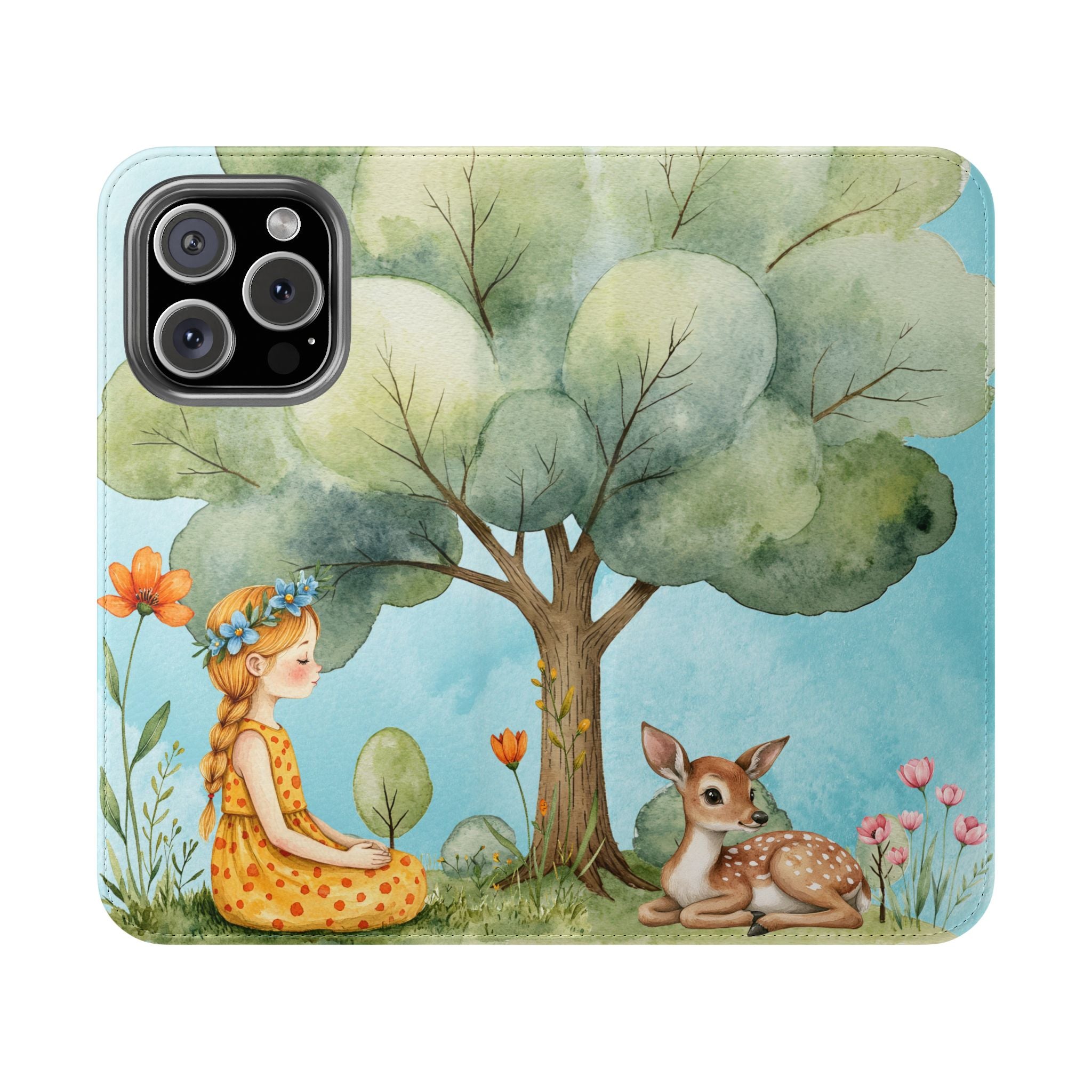 Whimsical Girl & Deer Floral Flip Case for iPhone Samsung, Cute Phone Holder, Forest Animal Cover, Nature Lover Accessory