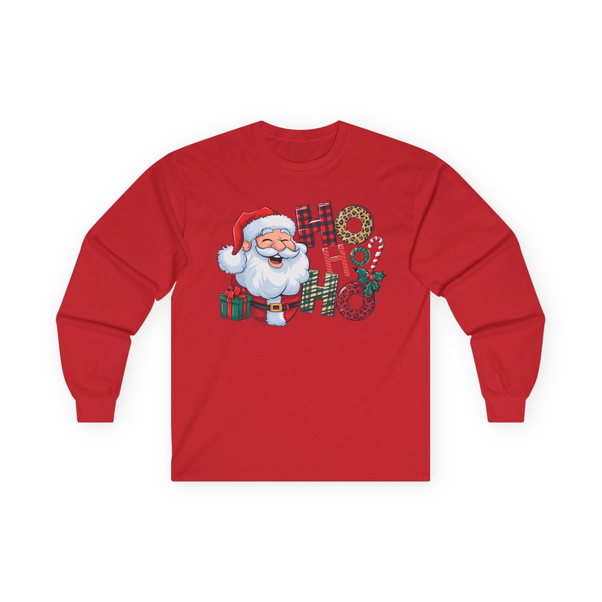 Christmas Santa Long Sleeve Tee, Holiday Shirt, HO HO HO Christmas Gift, Festive Apparel, Winter Wear, Family Gathering Top