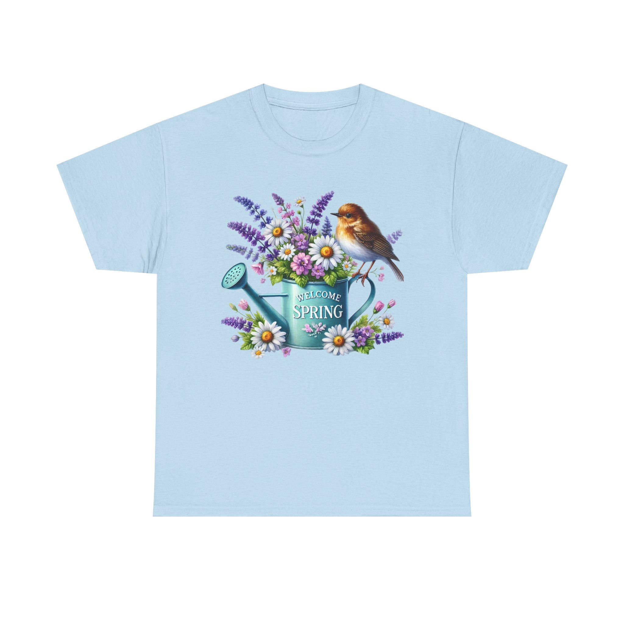 Welcome Spring Heavy Cotton Tee - Floral Design with Birds, Perfect for Garden Lovers