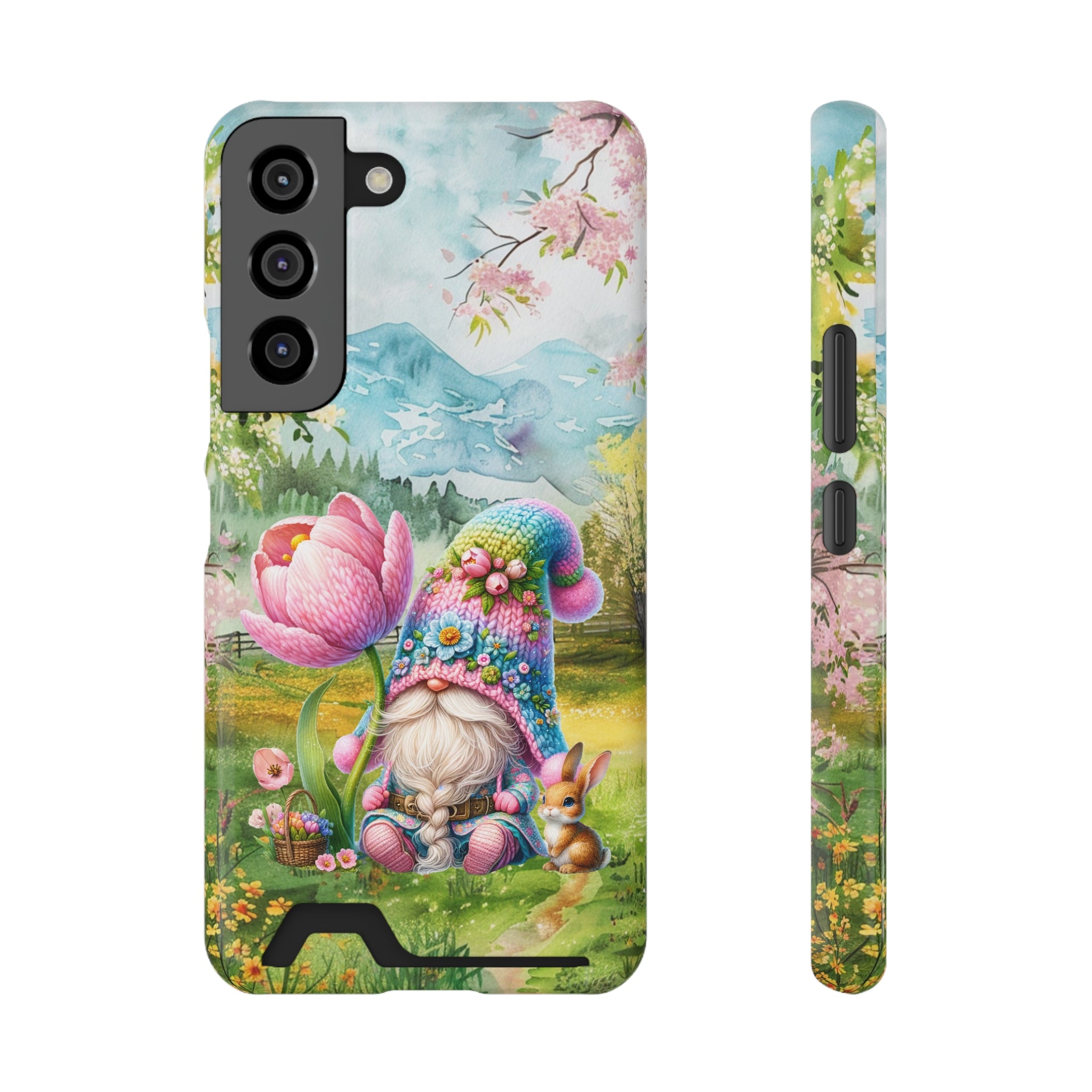 Whimsical Gnome Phone Case with Card Holder - Floral Spring Design