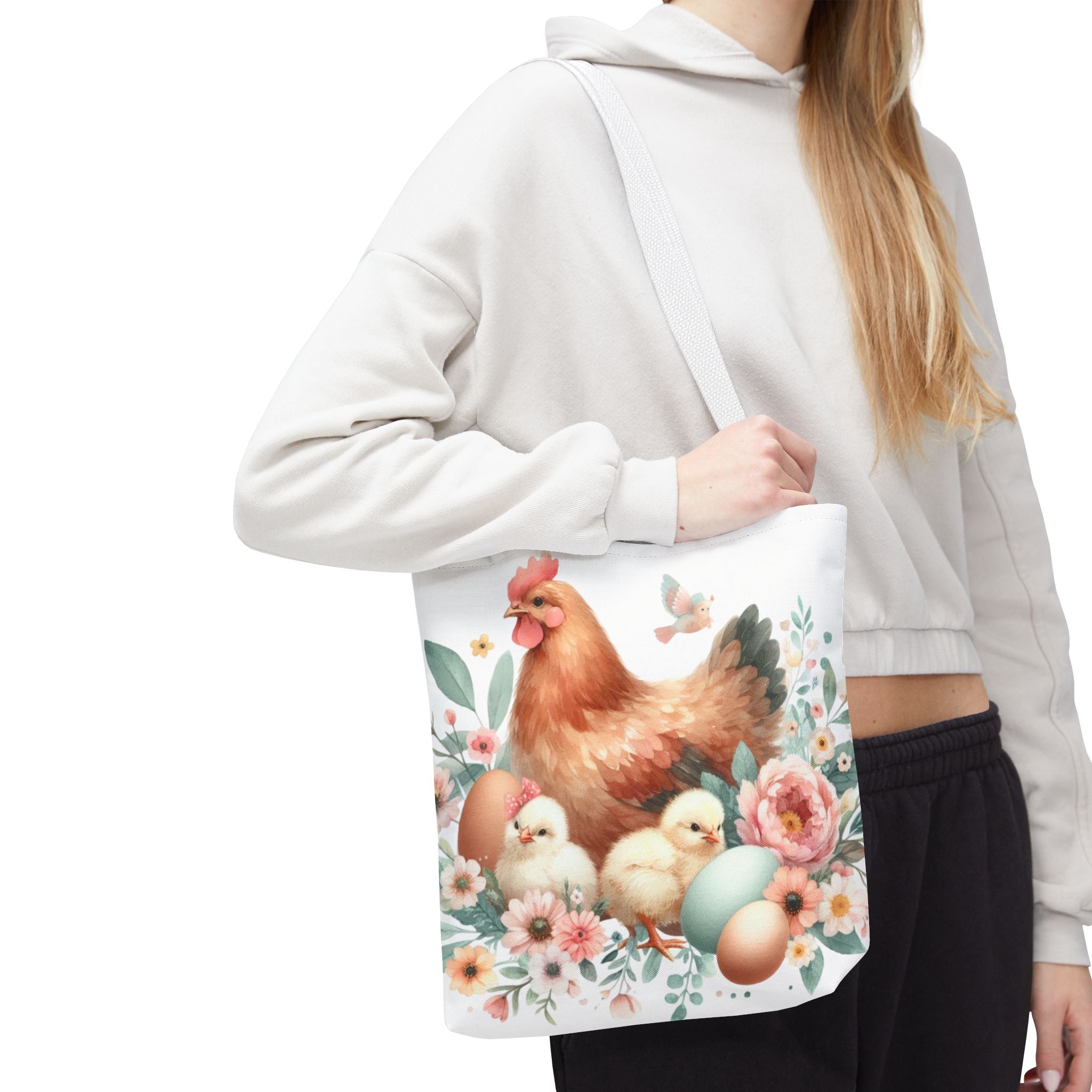 Spring Floral Tote Bag with Hen and Chicks Design