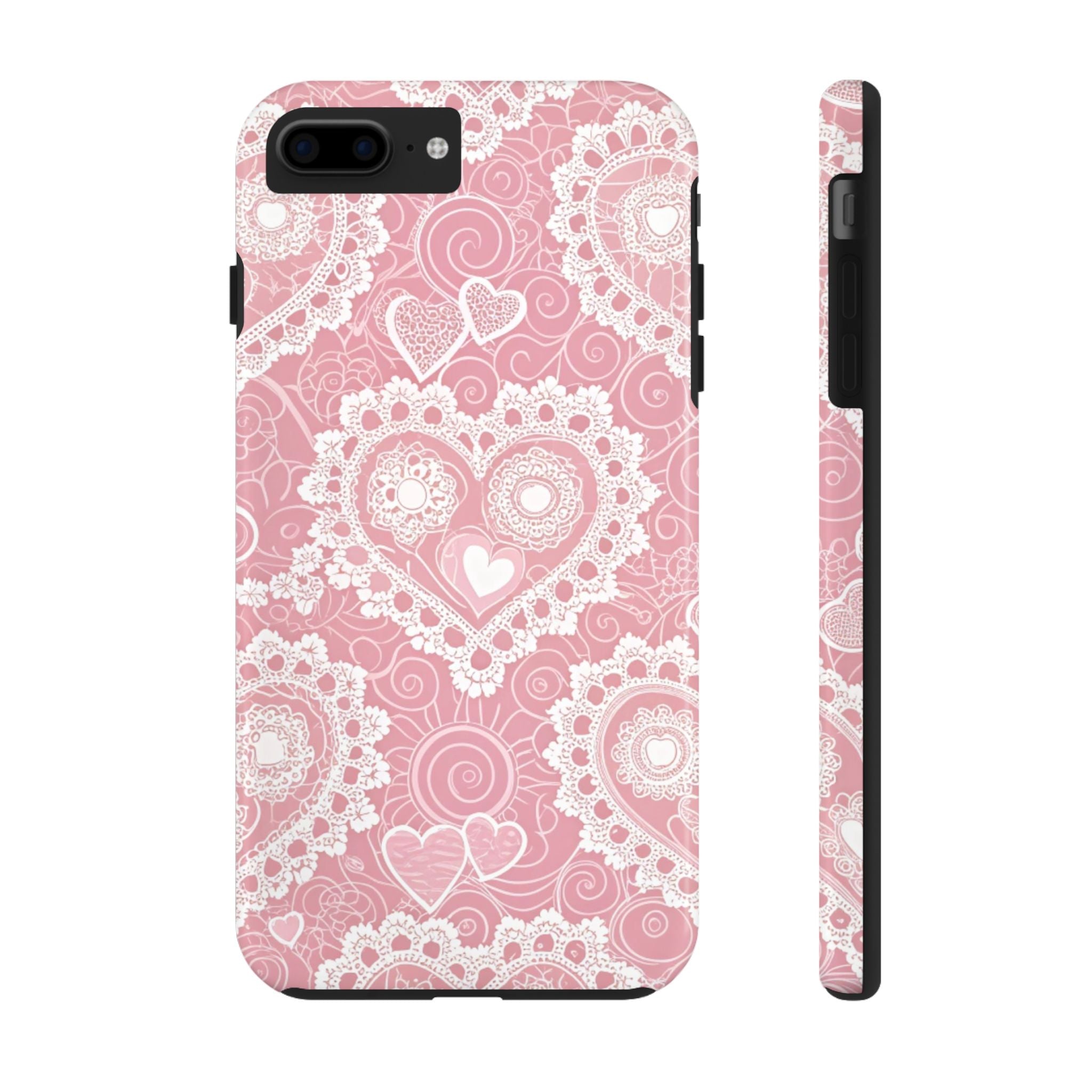 Charming Pink Lace Heart Pattern Tough iPhone Samsung Case Cute Phone Cover, Gift for Her, Valentine's Day, Trendy Protection, Love Themed
