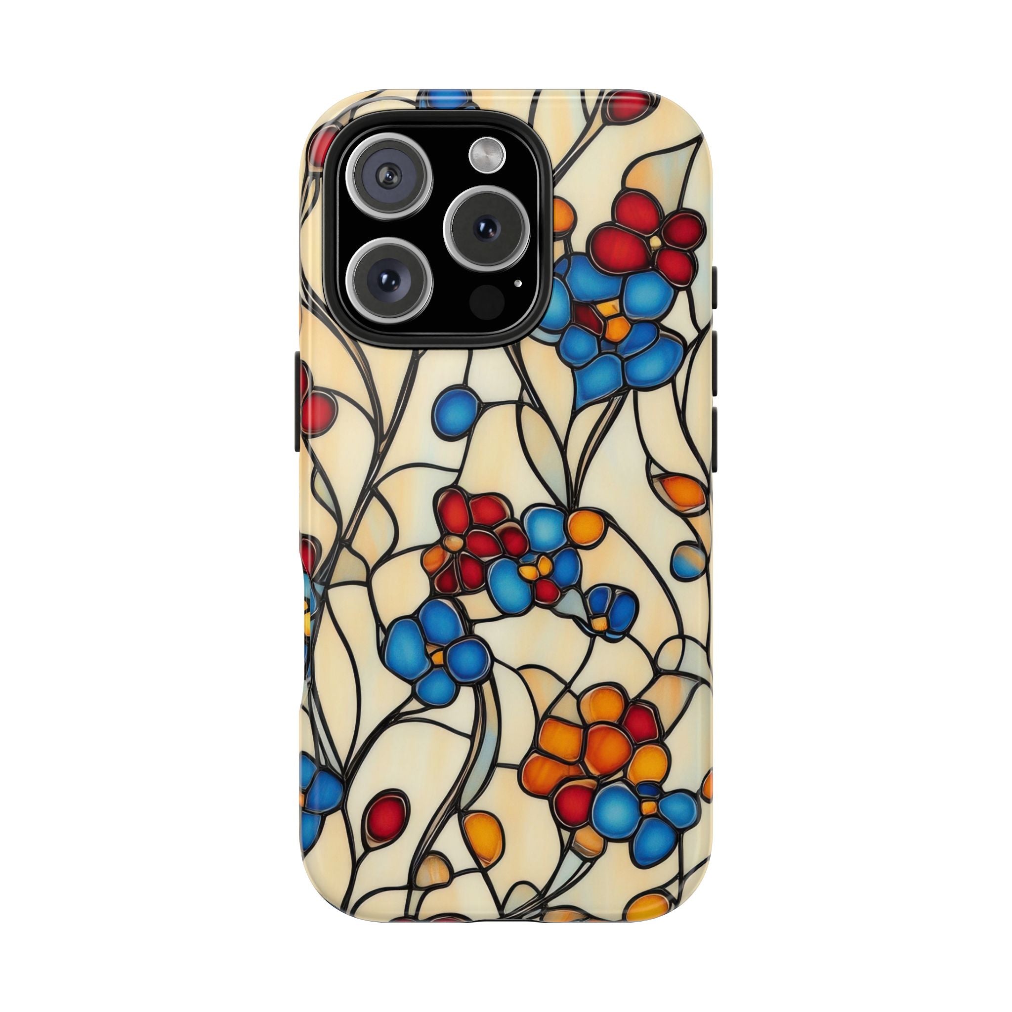 Vibrant Floral Blue & Red On Cream Tough iPhone Samsung Case Stylish & Durable Protection