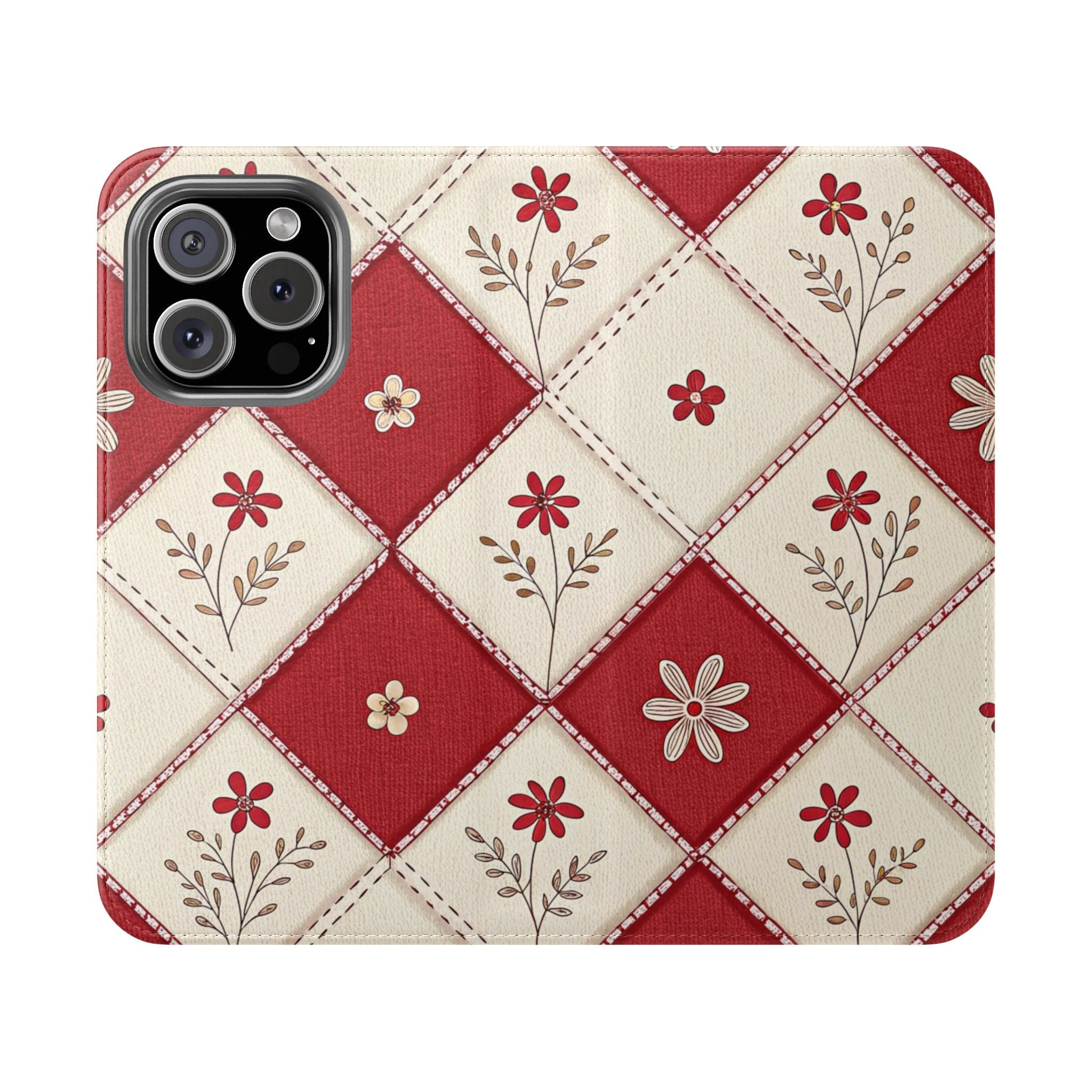 Floral Diamond Red & Beige Pattern Flip Case Stylish iPhone Samsung Cover with Card Holder