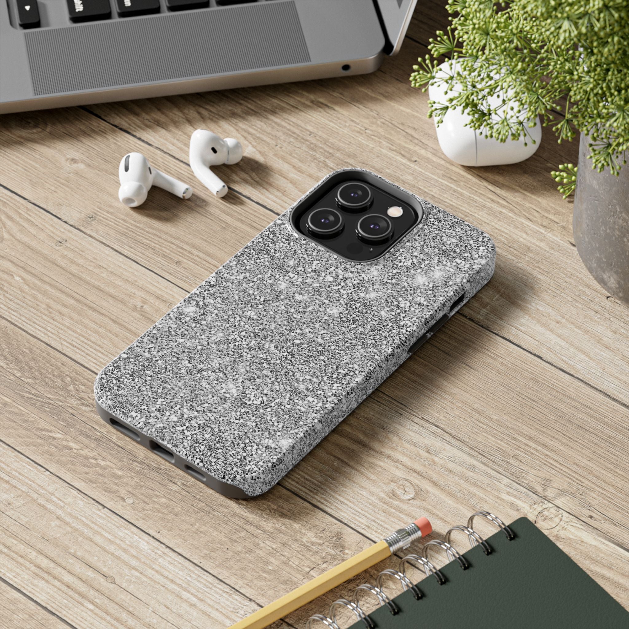 Silver Glitter Tough Impact Resistant Phone Case Stylish & Durable Protection iPhone Samsung Cover