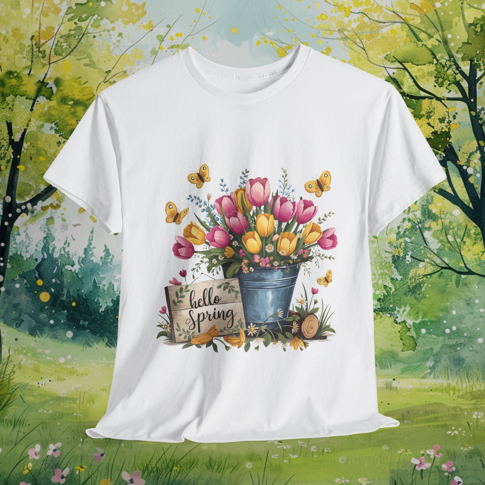 Spring Blooms Heavy Cotton Tee - Floral Design with Butterflies