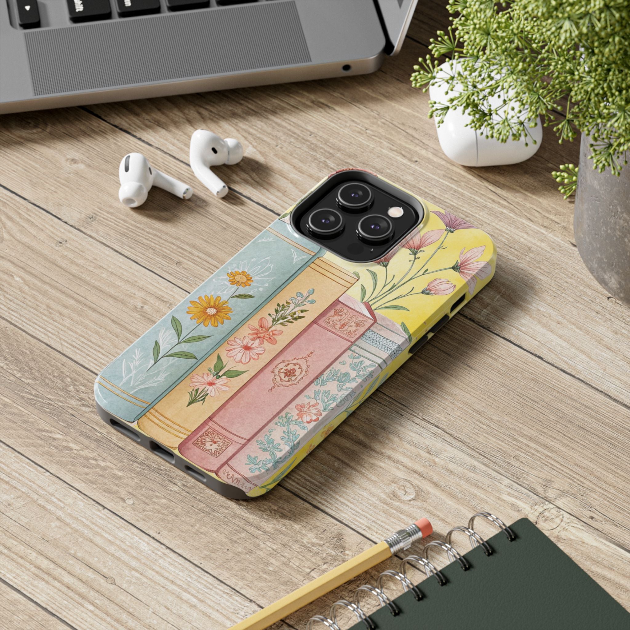 Cute Floral Book Stack Tough iPhone Samsung Case Durable & Stylish for Book Lovers