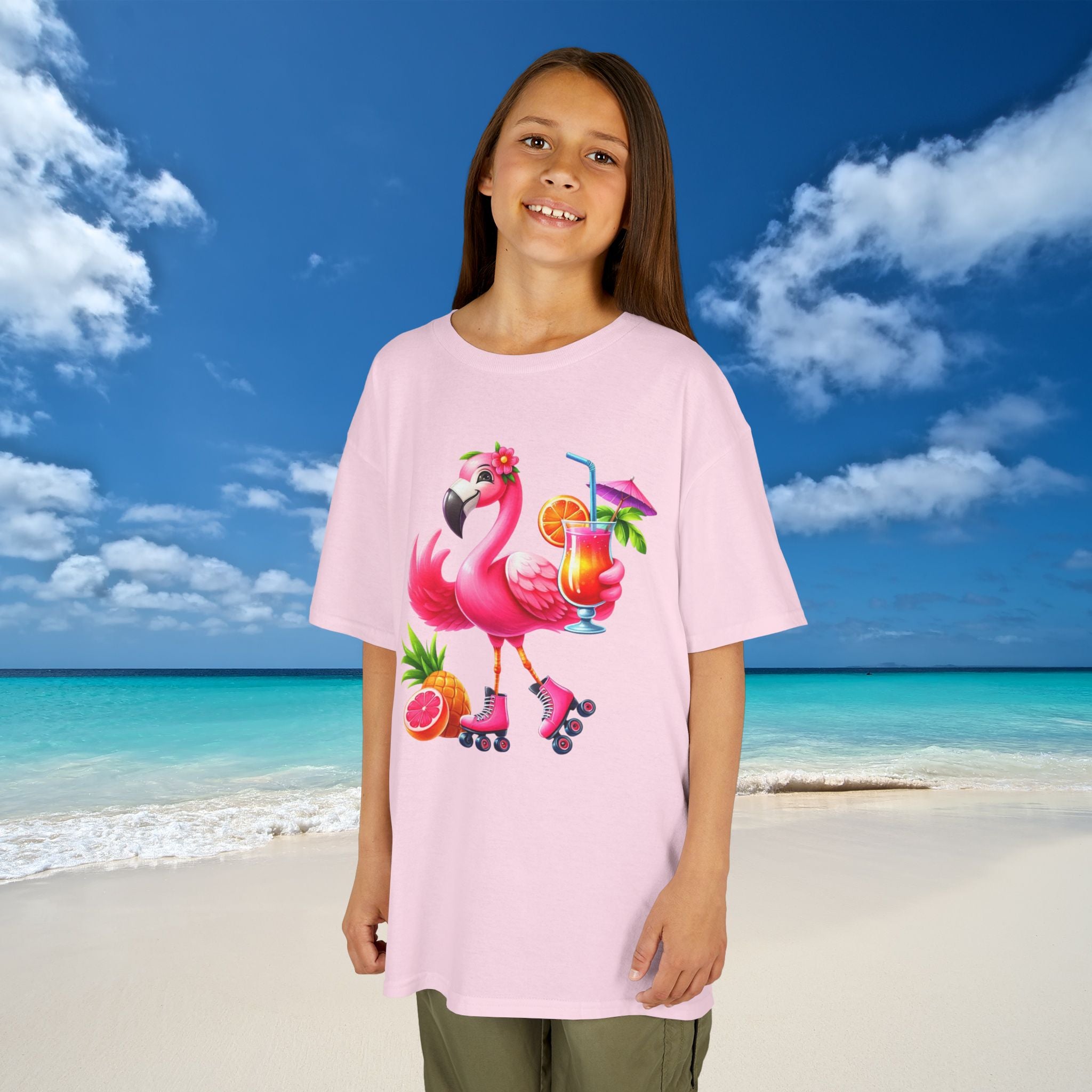 Girls Summer Roller Skating Flamingo Tee Fun and Playful Cotton T-Shirt Beach Outings