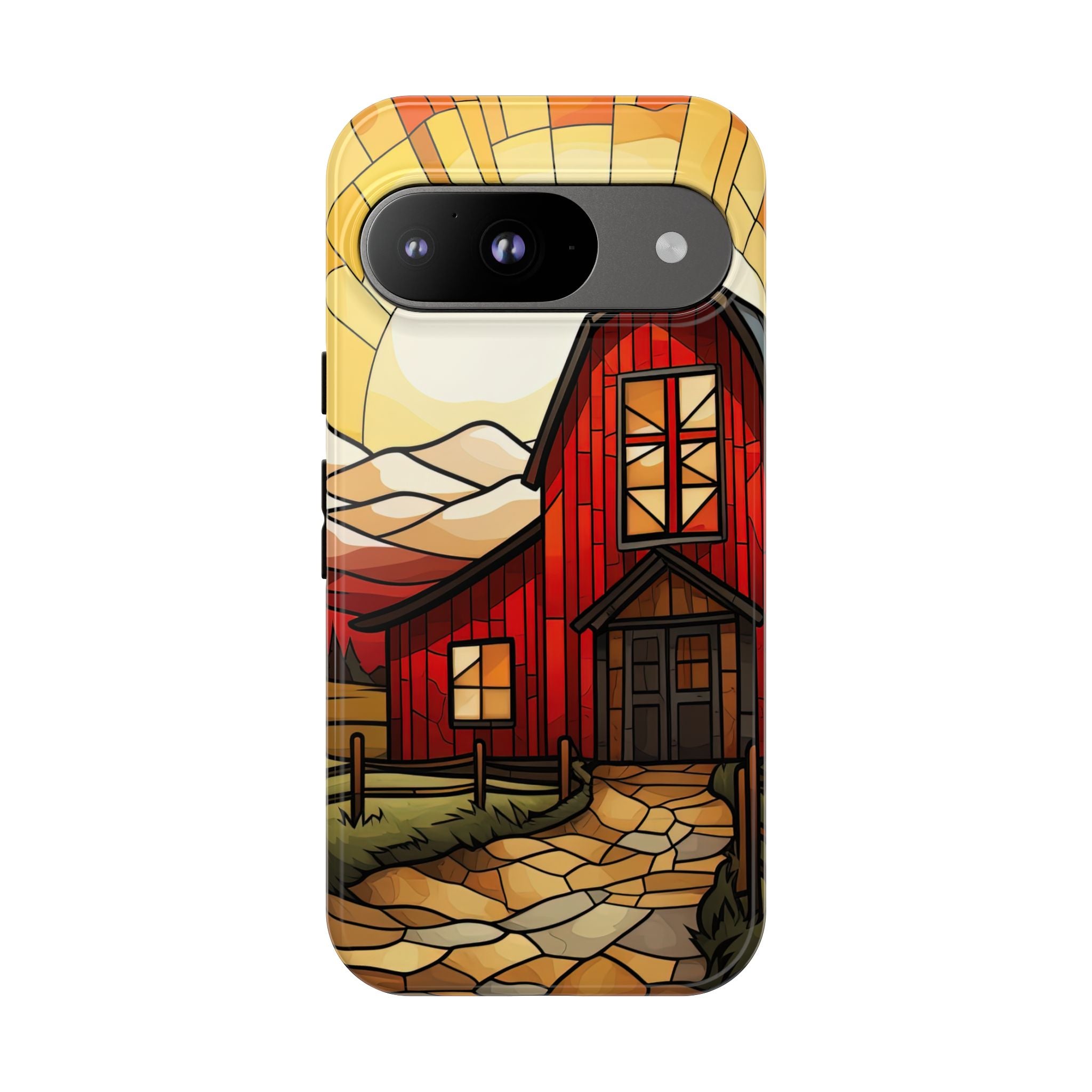 Rustic Barn Farm Google Pixel Phone Case Tough Impact Resistant Case with Vintage Stained Glass Design Cover