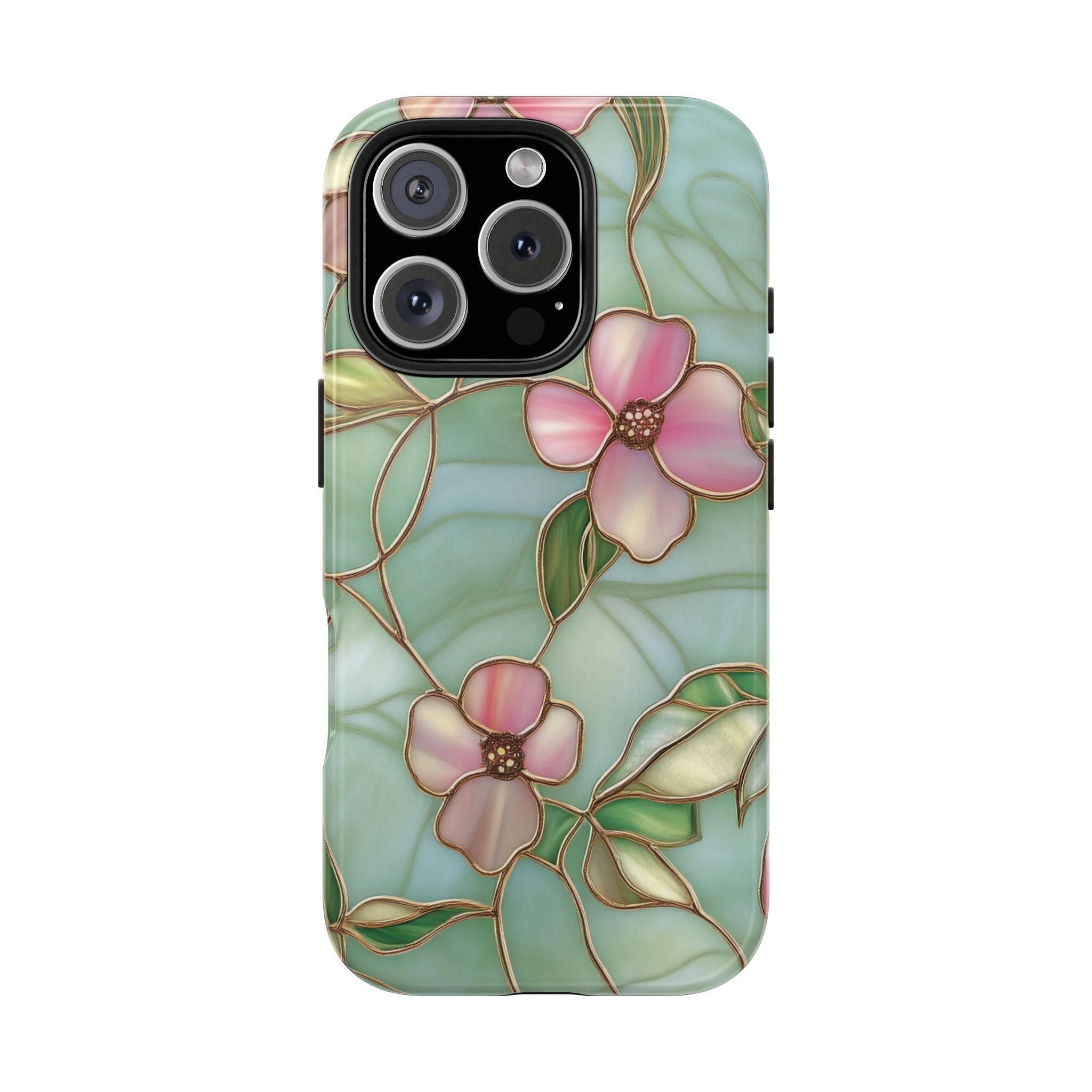 Elegant Green & Pink Floral Stained Glass Look Impact Resistant Tough Phone Case Stylish Protection for Nature Lovers