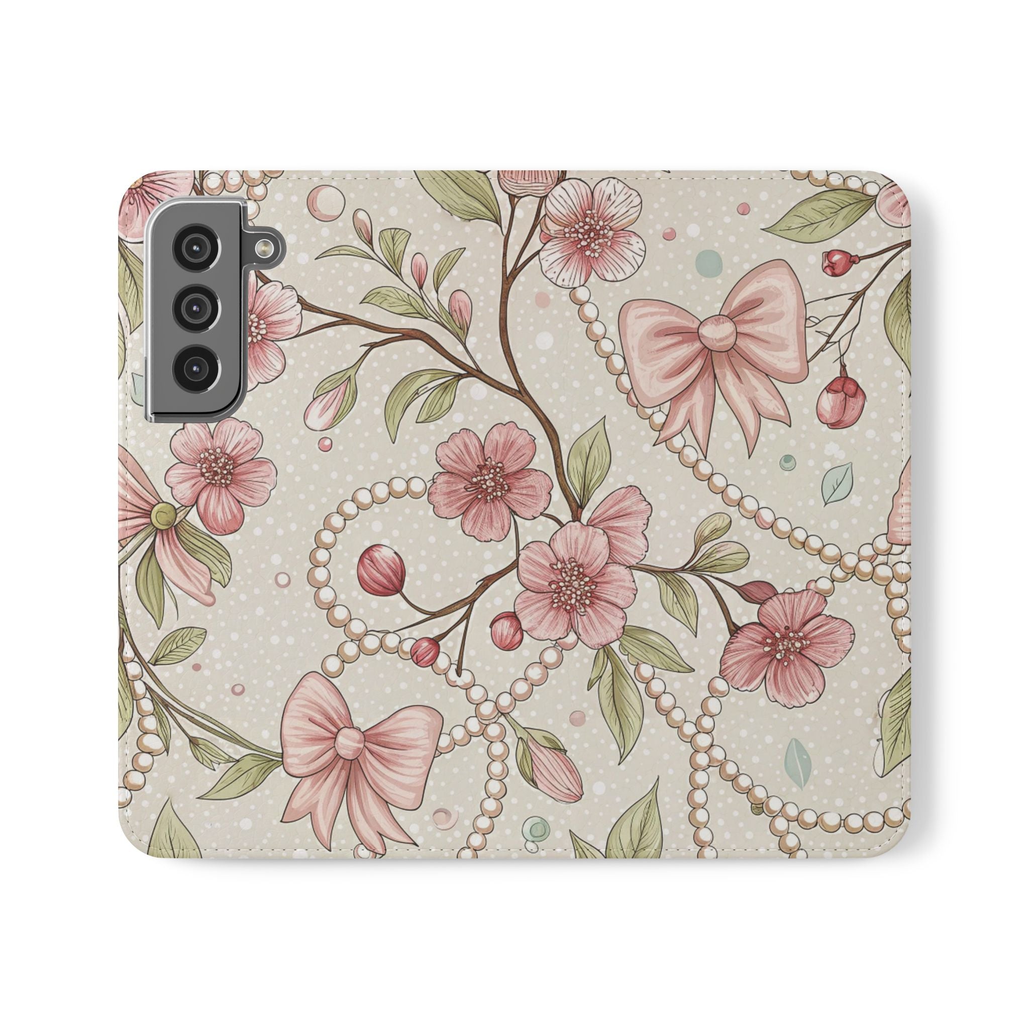 Floral Flip Case for iPhone Samsung Elegant Design with Pearls, Pink Bows, and Flowers