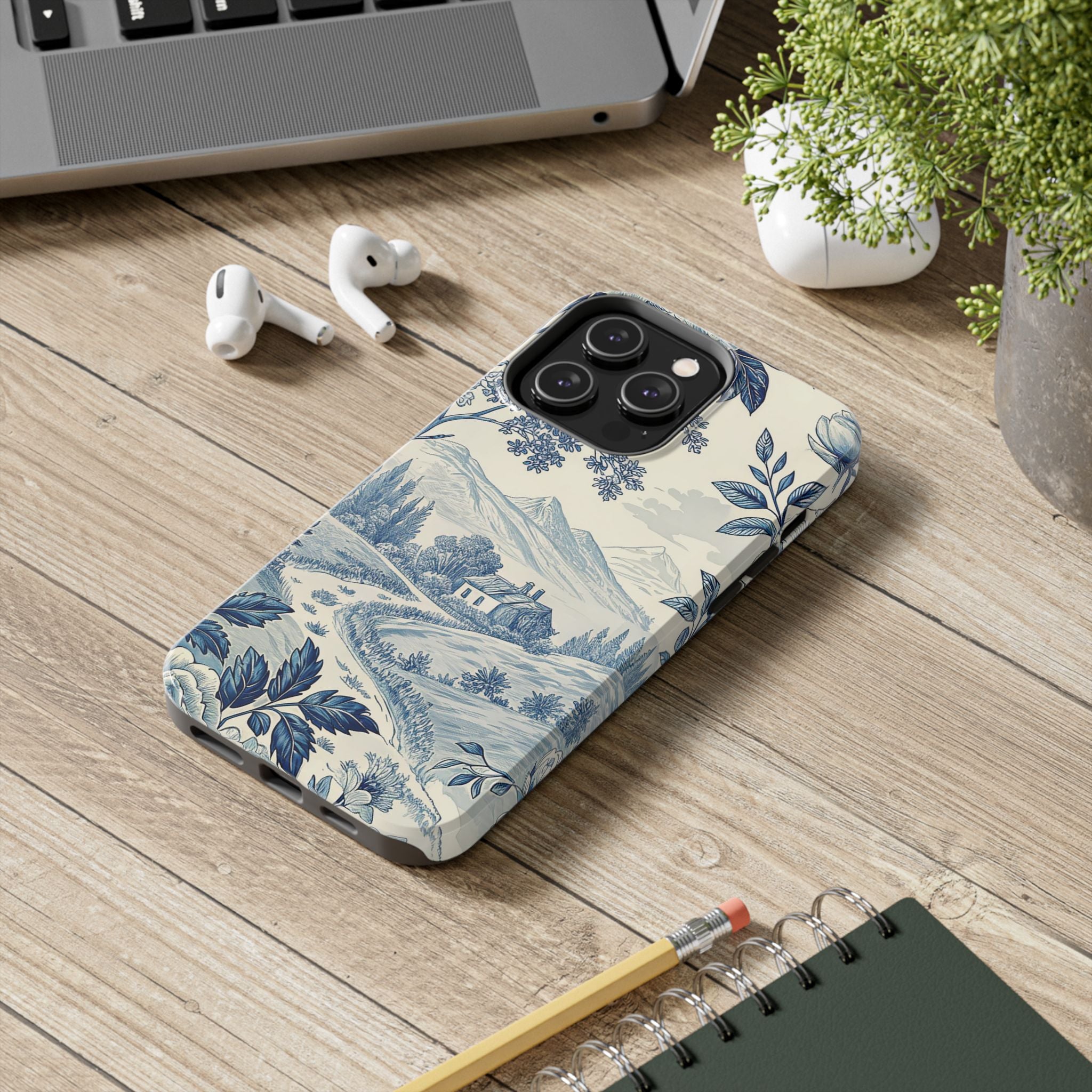 Scenic Floral Tough Impact Resistant Phone Case Nature-Inspired Protection for Outdoor Lovers Blue Toile iPhone Samsung Cover