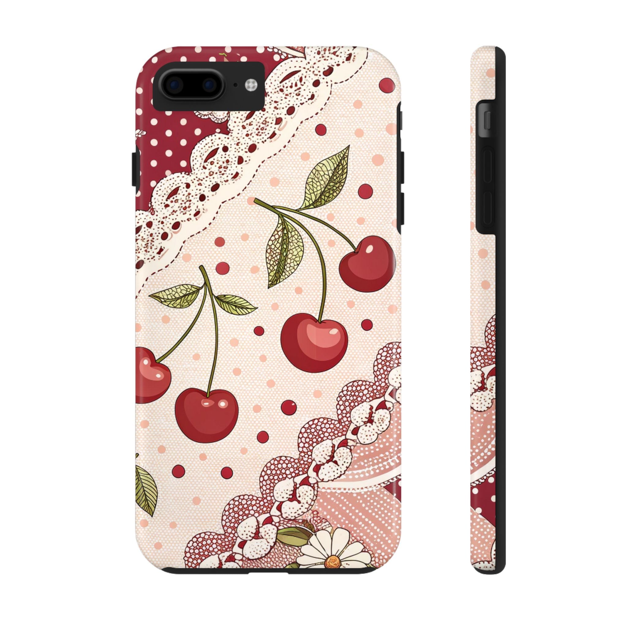 Vintage Look Cherry Blossom Tough Impact Resistant Phone Case Floral Polka Dot Design iPhone Samsung Cover