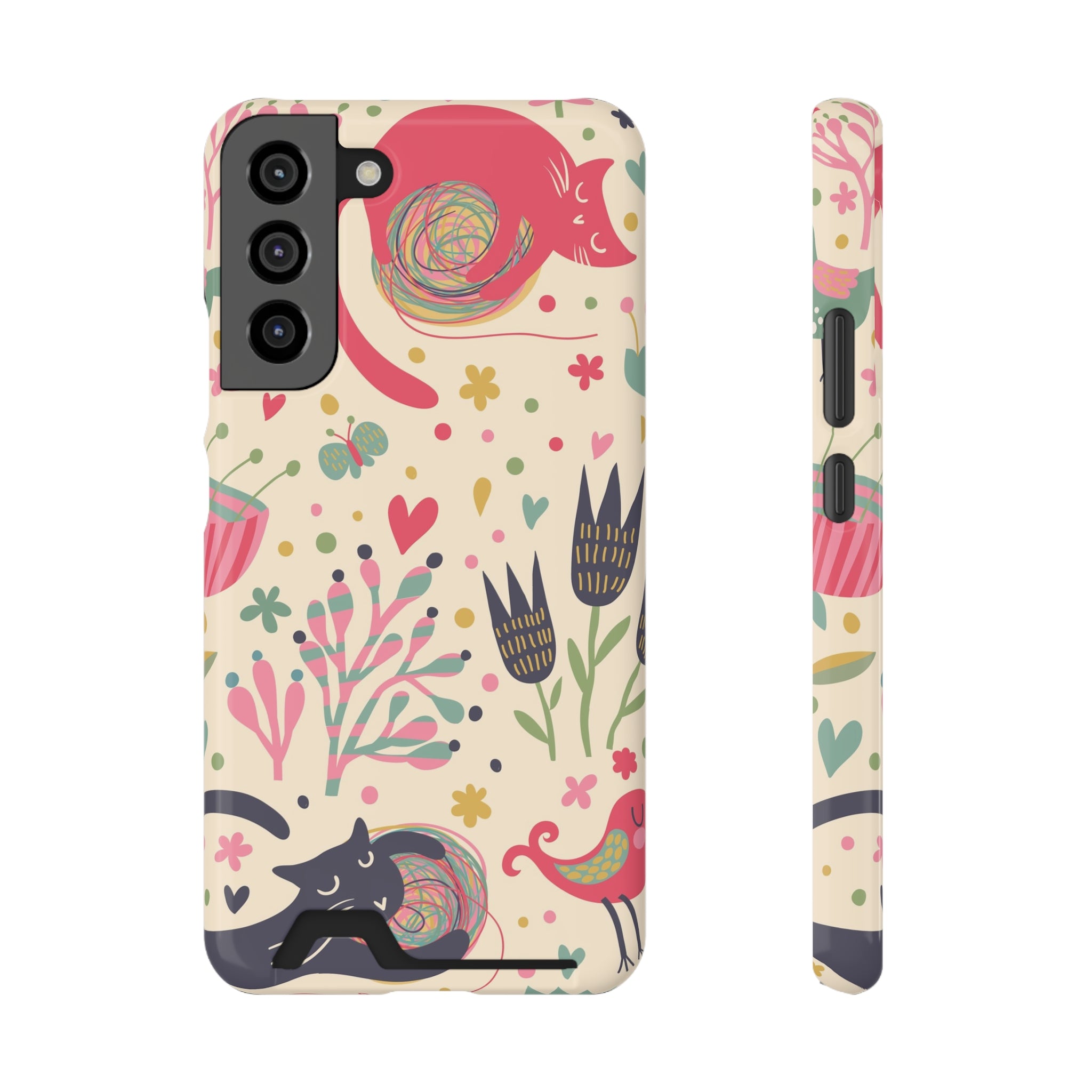 Whimsical Cat Phone Case with Card Holder - Colorful Animal Design