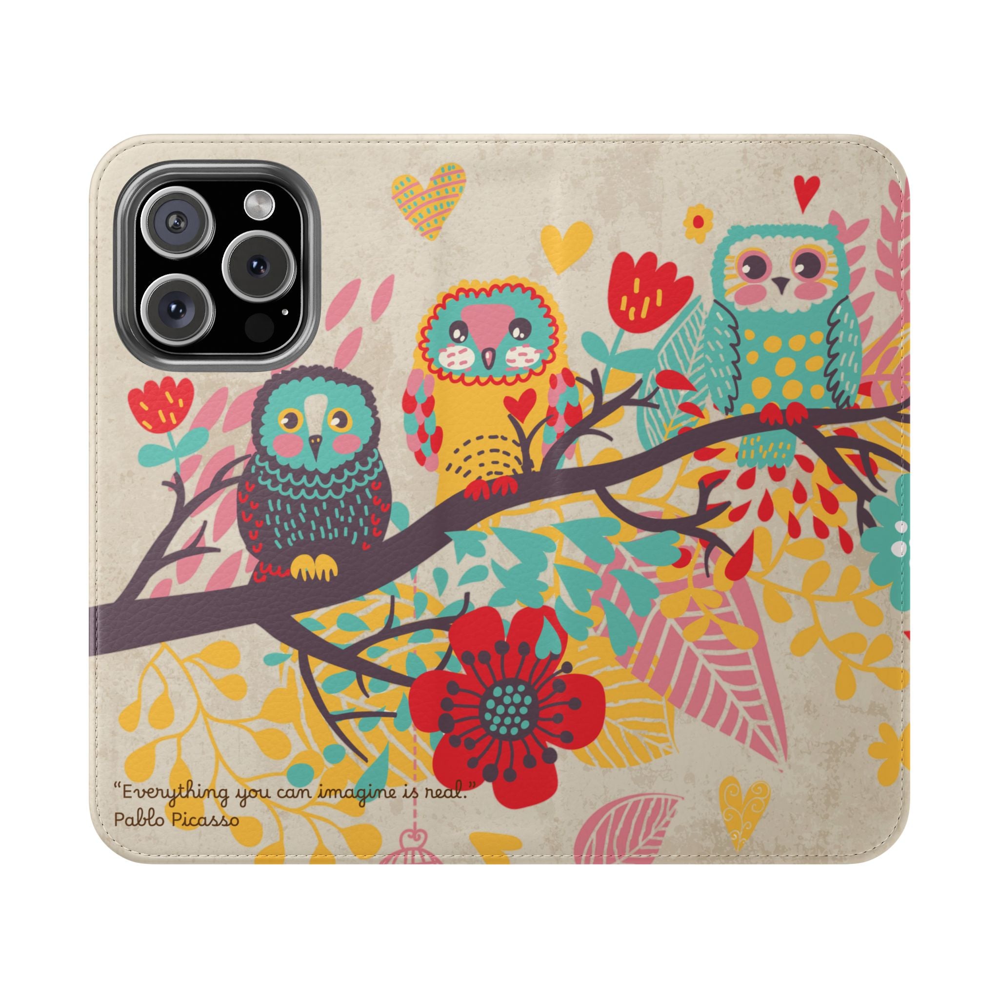 Colorful Owl Picasso Quote Flip Case Cute iPhone Samsung Wallet Cover, Animal Lover Gift, Phone Accessory, Protective Case, Unique Design