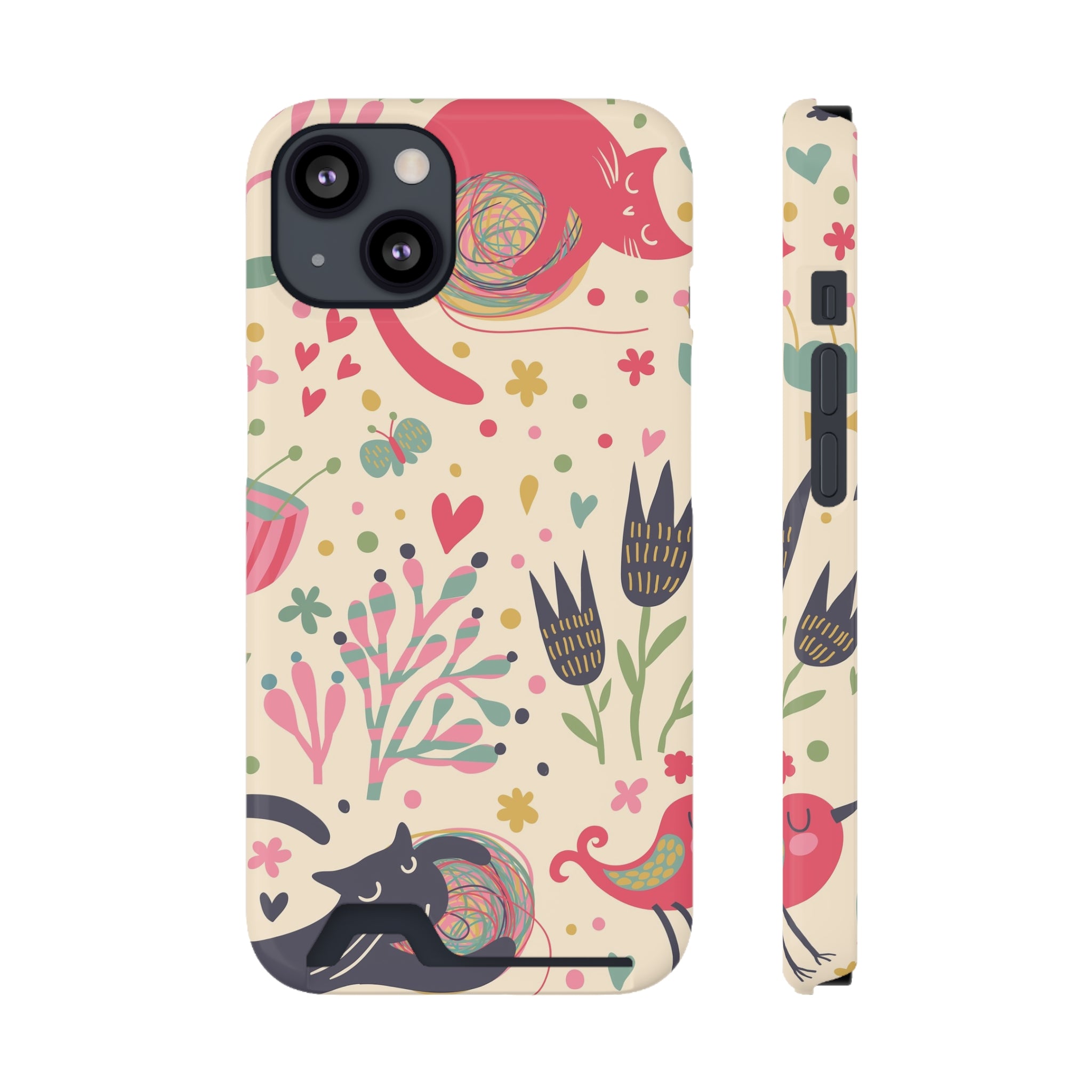 Whimsical Cat Phone Case with Card Holder - Colorful Animal Design