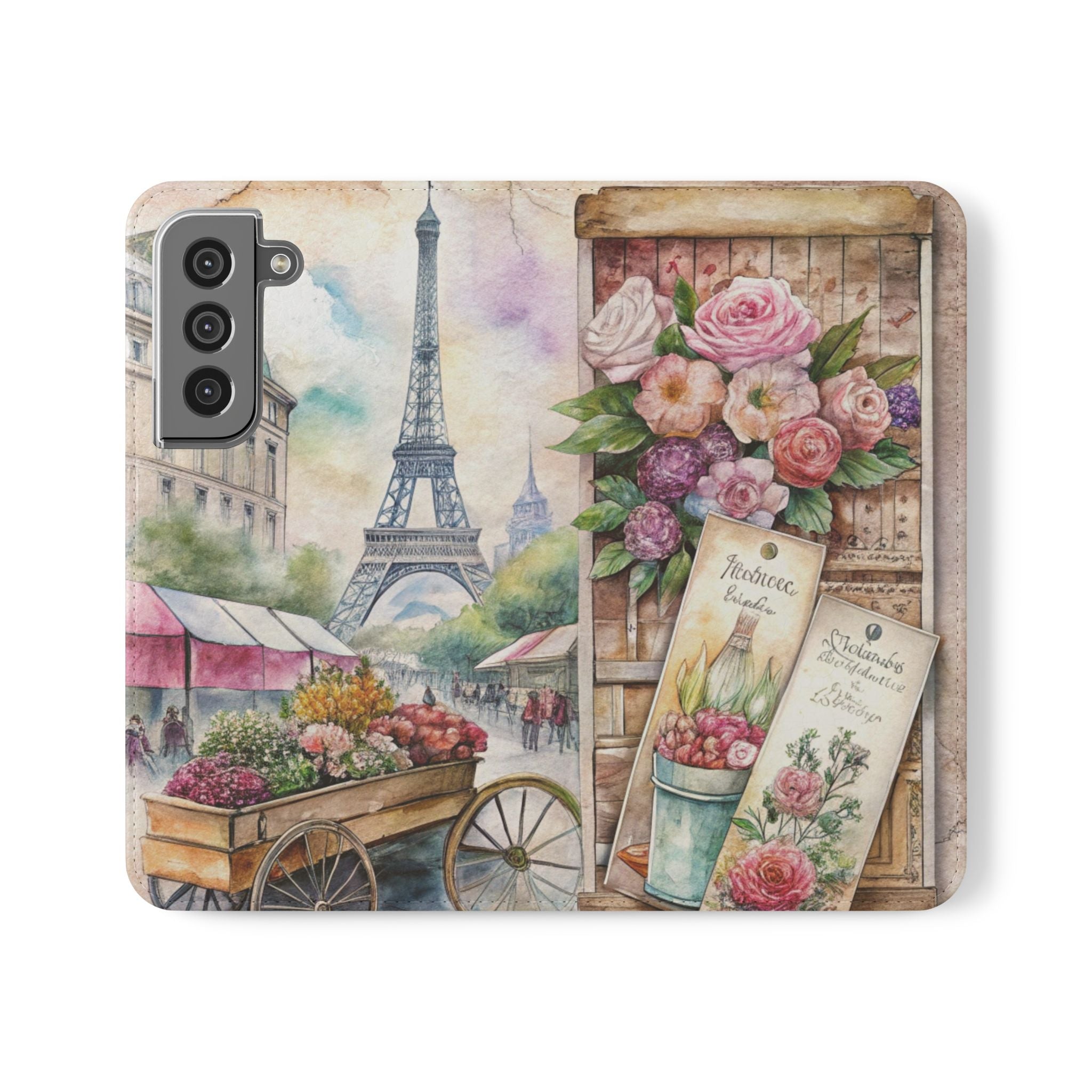 Parisian Floral Flip Case Elegant iPhone Samsung Cover with Eiffel Tower Design