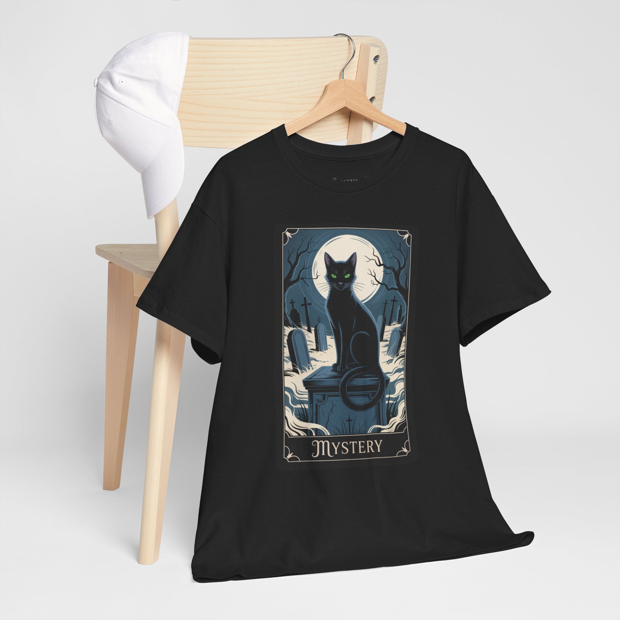 Mystical Black Cat Tee for Halloween Lovers, Gothic Apparel, Tee, Vintage Style, Witchy Gift, Perfect for Mystery Enthusiasts