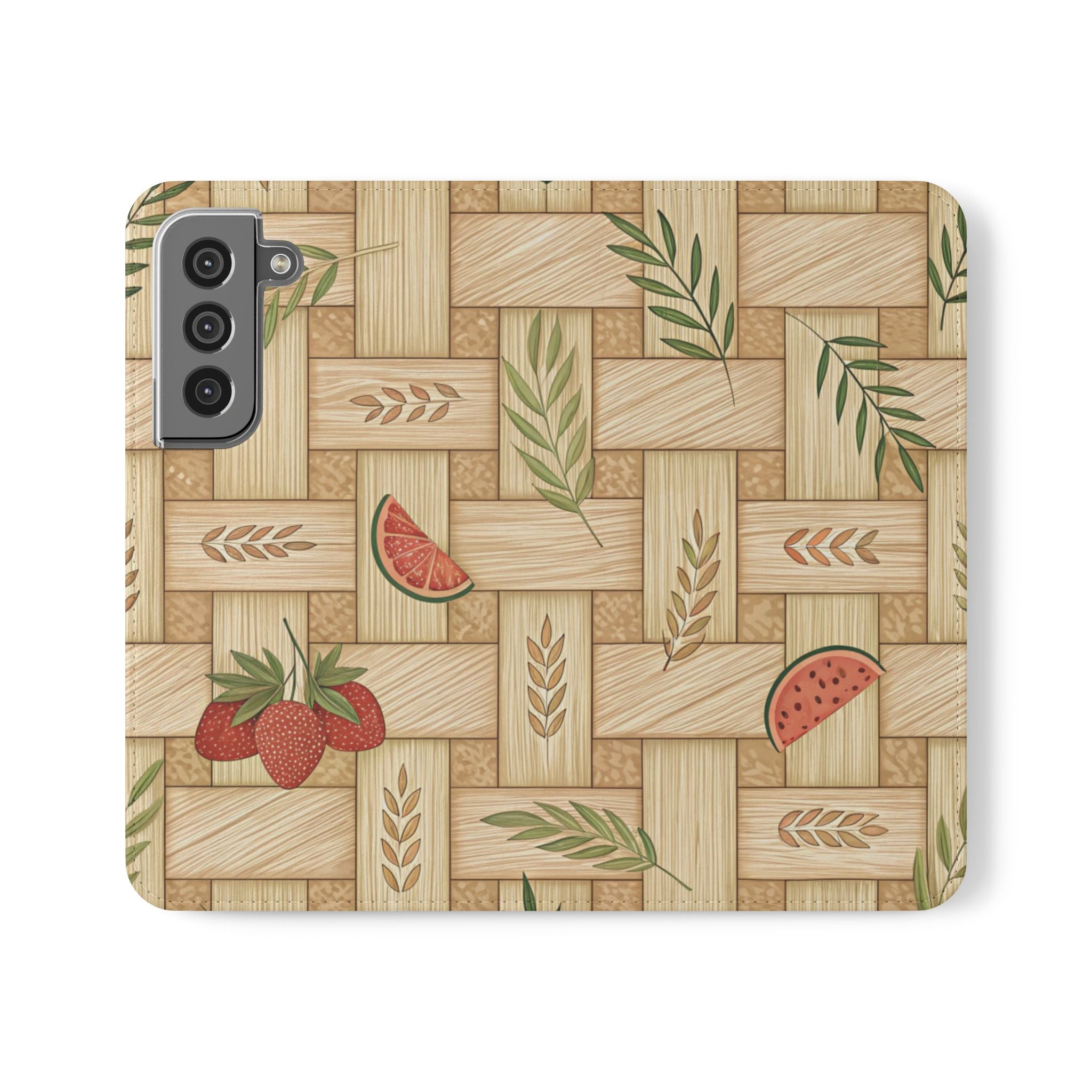 Floral Flip Case for Smartphones Stylish Nature Inspired Design with Strawberries & Watermelon iPhone Samsung Cover