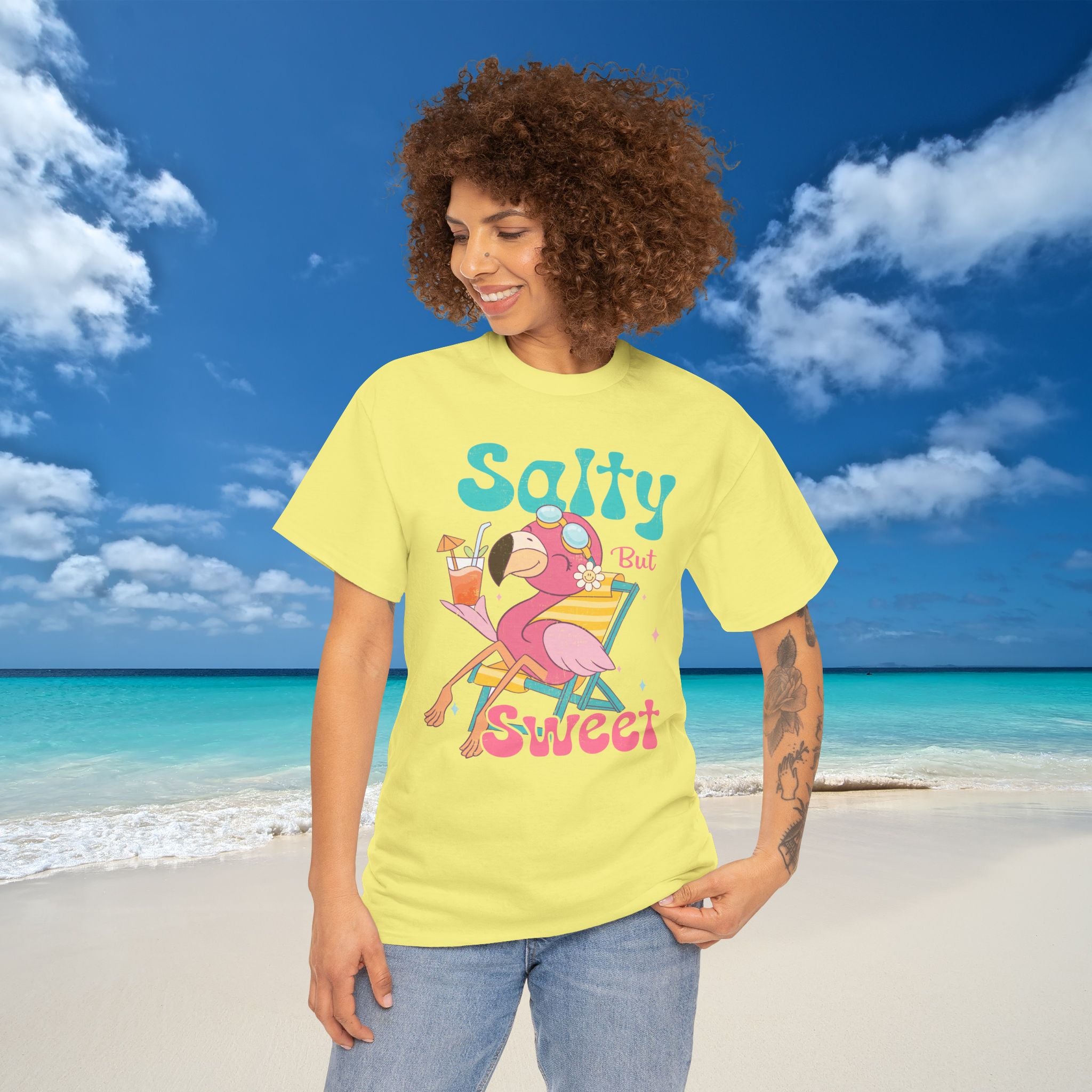 Salty But Sweet Flamingo Tee Heavy Cotton T-Shirt for Fun Summer Beach Vibes