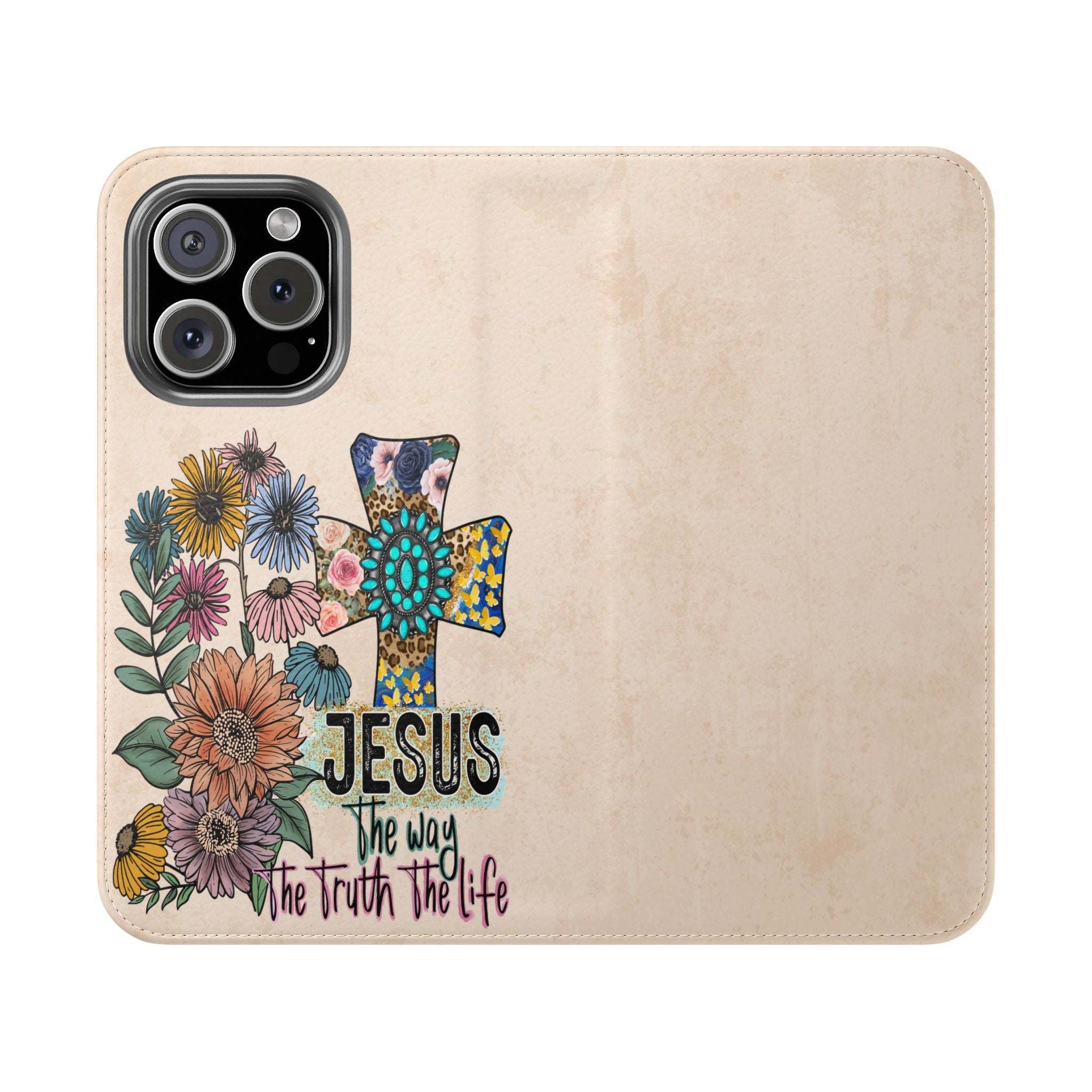 Floral Faith Flip Case Jesus The Way, Truth, Life Phone Wallet for Christians, Gift for Faith Lovers, Stylish Accessory For iPhone and Samsung Phones