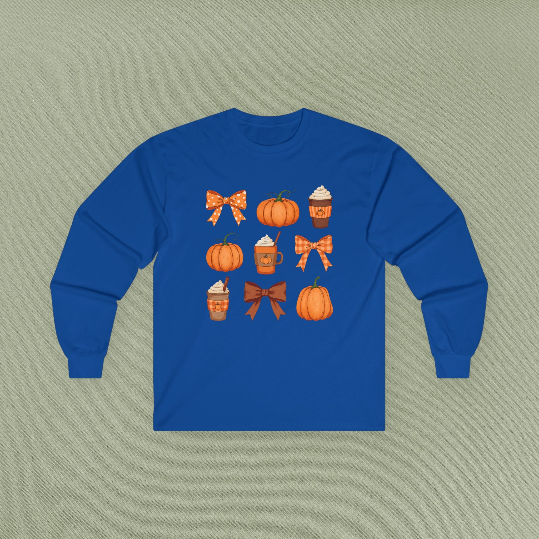 Autumn Vibes Long Sleeve Tee | Pumpkin and Bow Graphic | Cozy Fall Fashion, Thanksgiving, Gift for Her, Seasonal Apparel