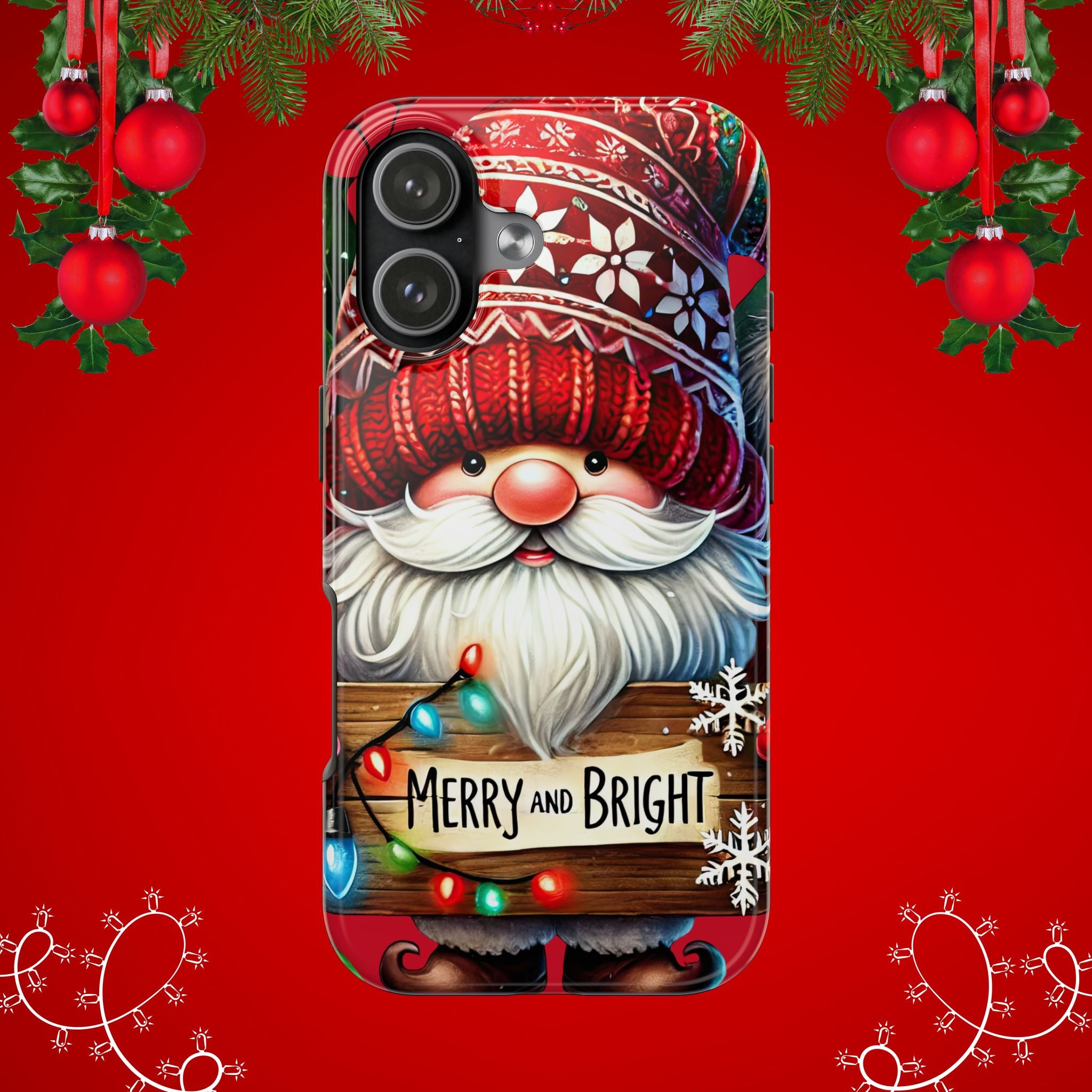 Christmas Gnome Phone Case For Samsung and iPhone, Holiday Phone Covers, Merry & Bright Christmas Design Case