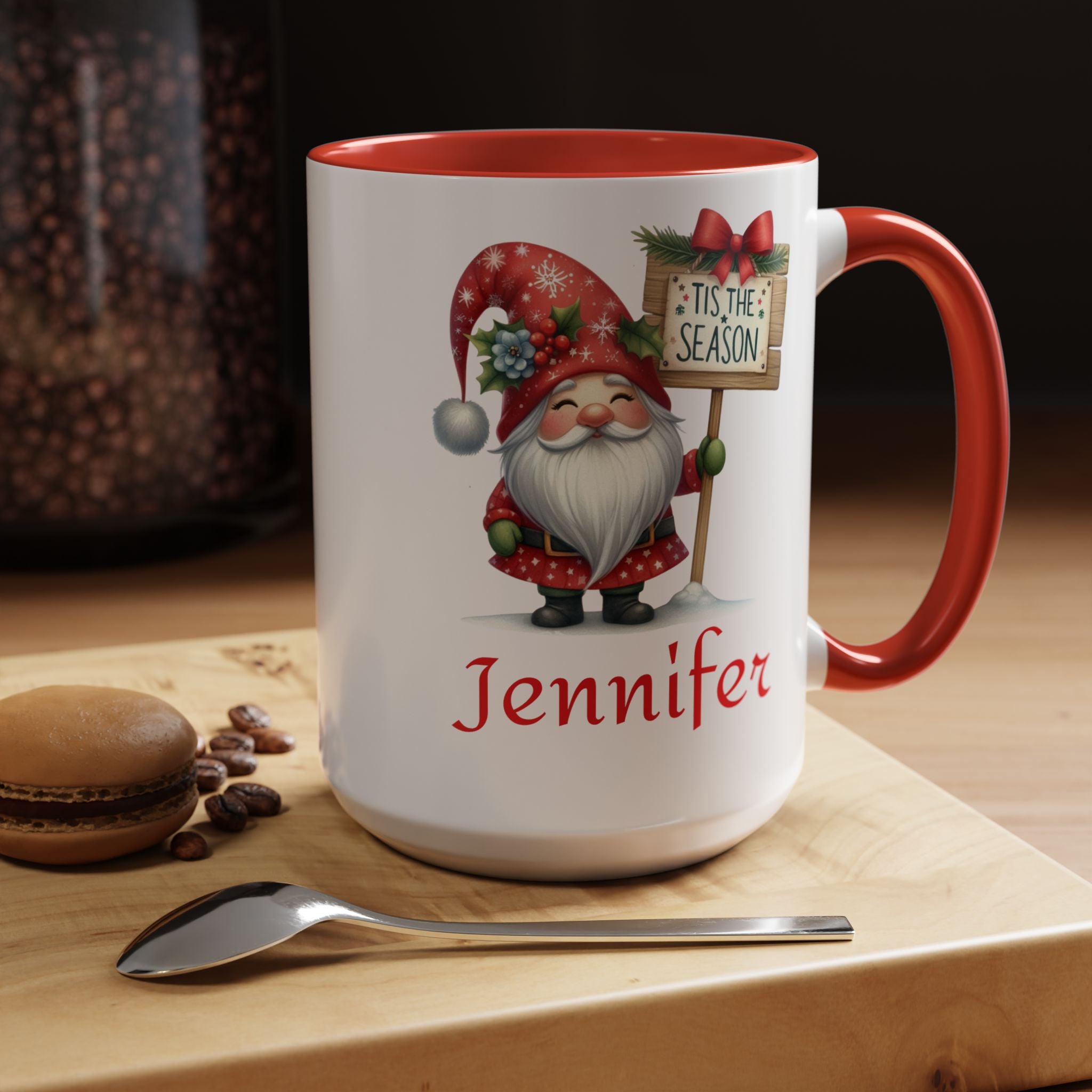 Personalized Holiday Gnome Coffee Mug, Tis the Season Mug, Christmas Gift for Him or Her, Customizable Coffee Cup, Festive Home Decor