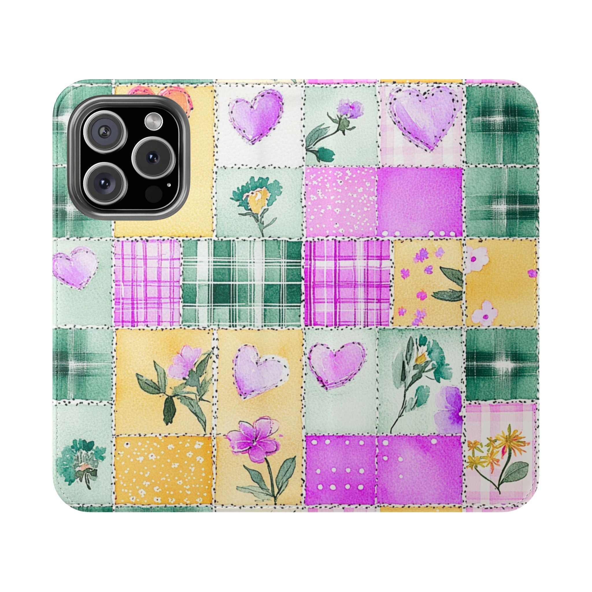 Pastel Floral Quilt Pattern Flip Case Stylish iPhone Samsung Protection with Card Slots