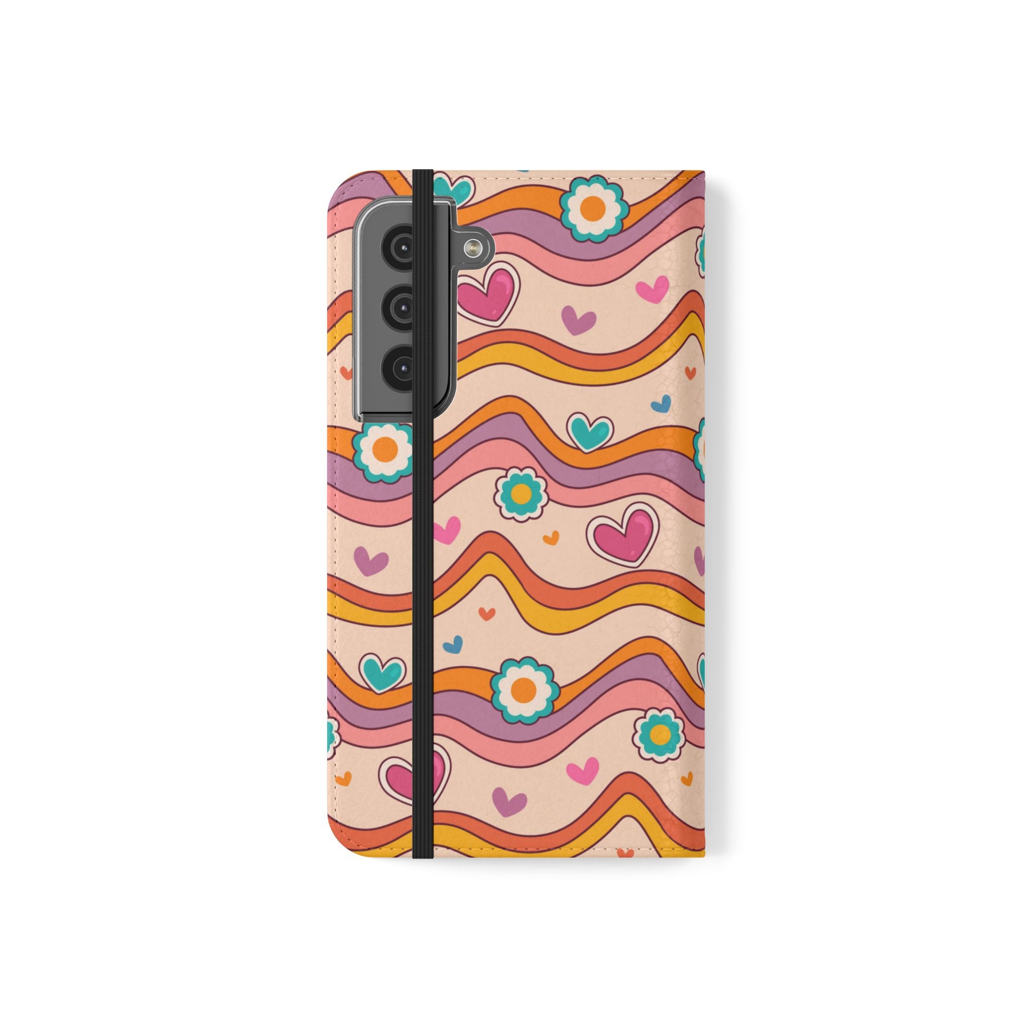Wavy Flowers & Hearts Flip Mobile Phone Case