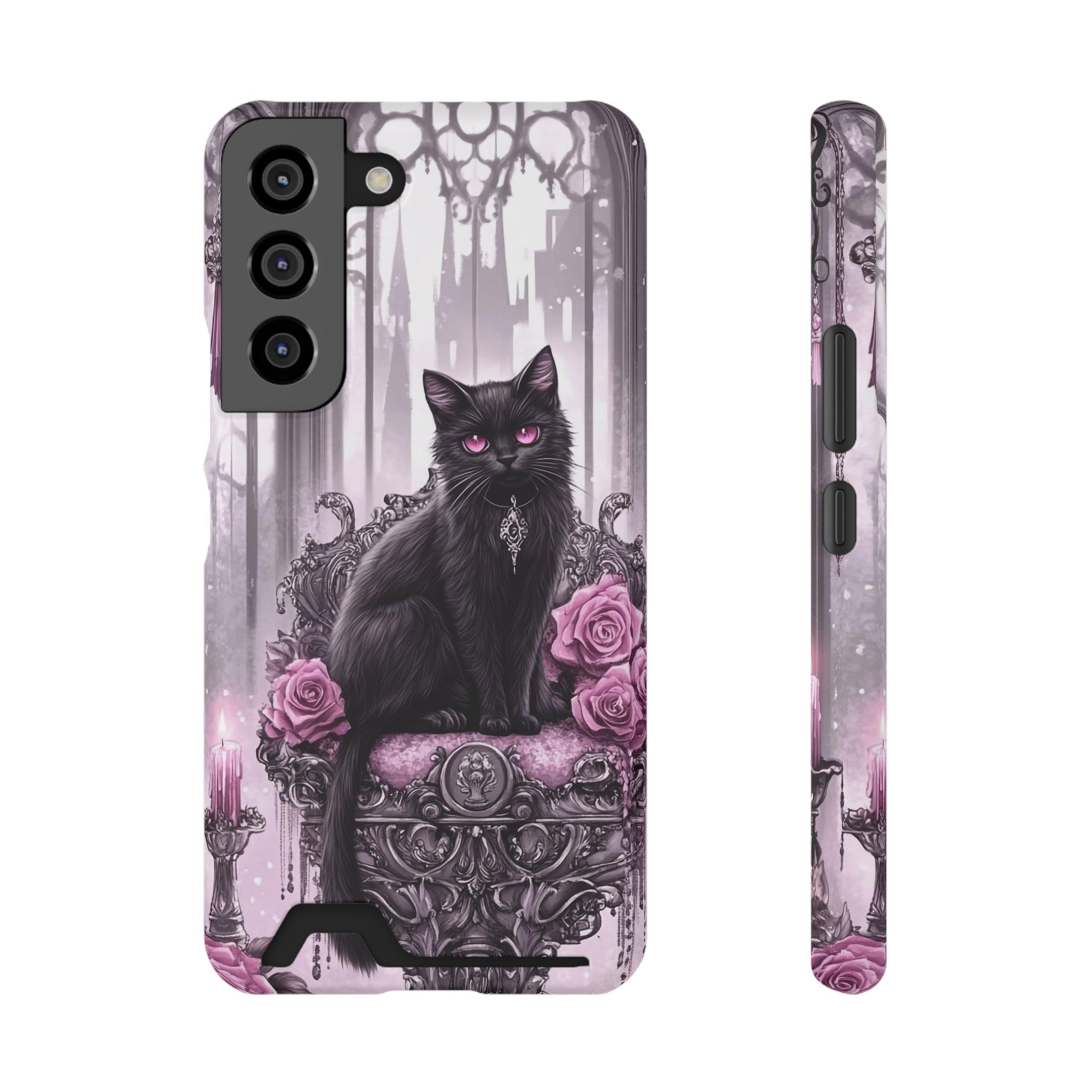 Gothic Pink & Black Cat & Roses Phone Case With Card Holder