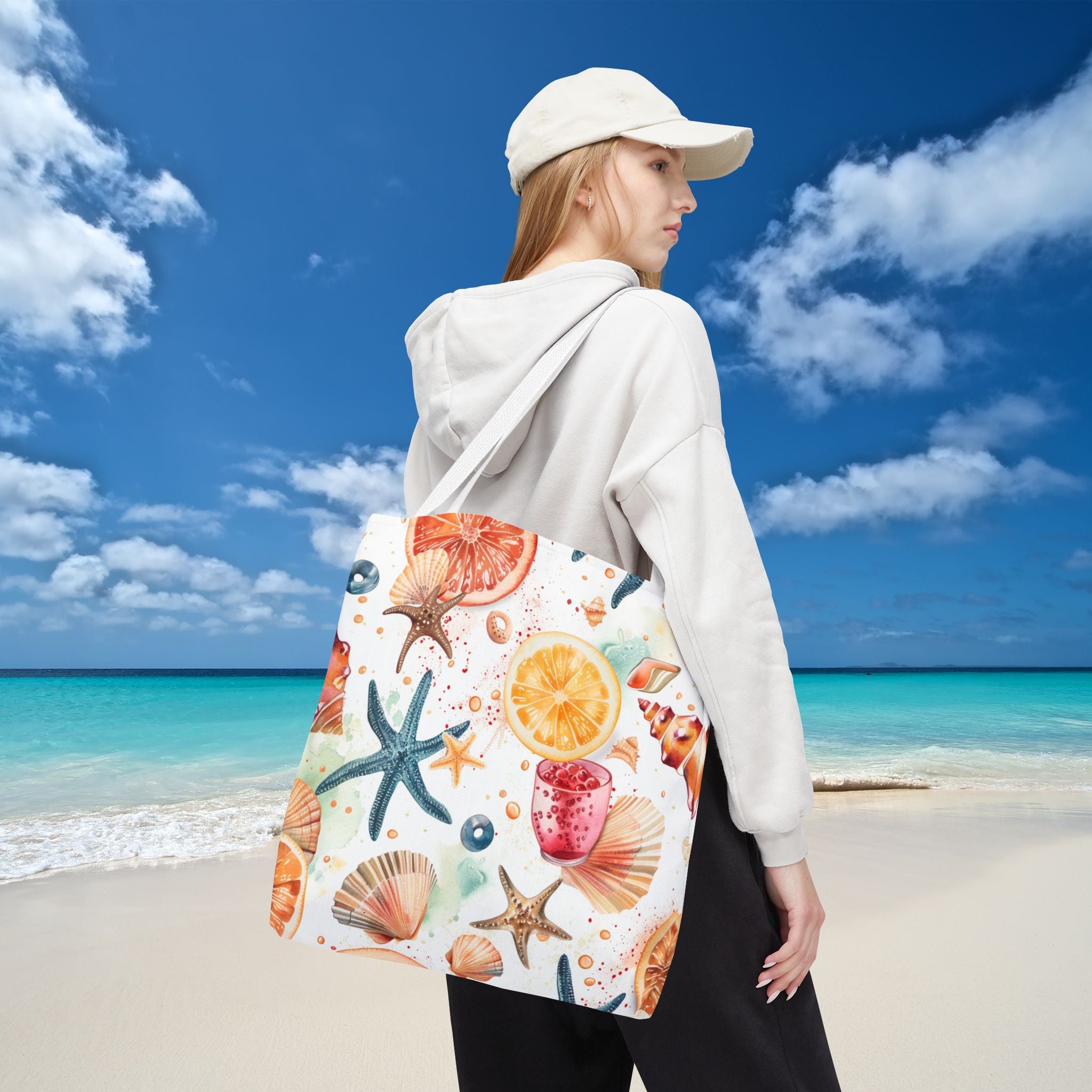 Perfect Beach Themed Tote Bag with Starfish and Citrus Design Summertime Fun Carryall