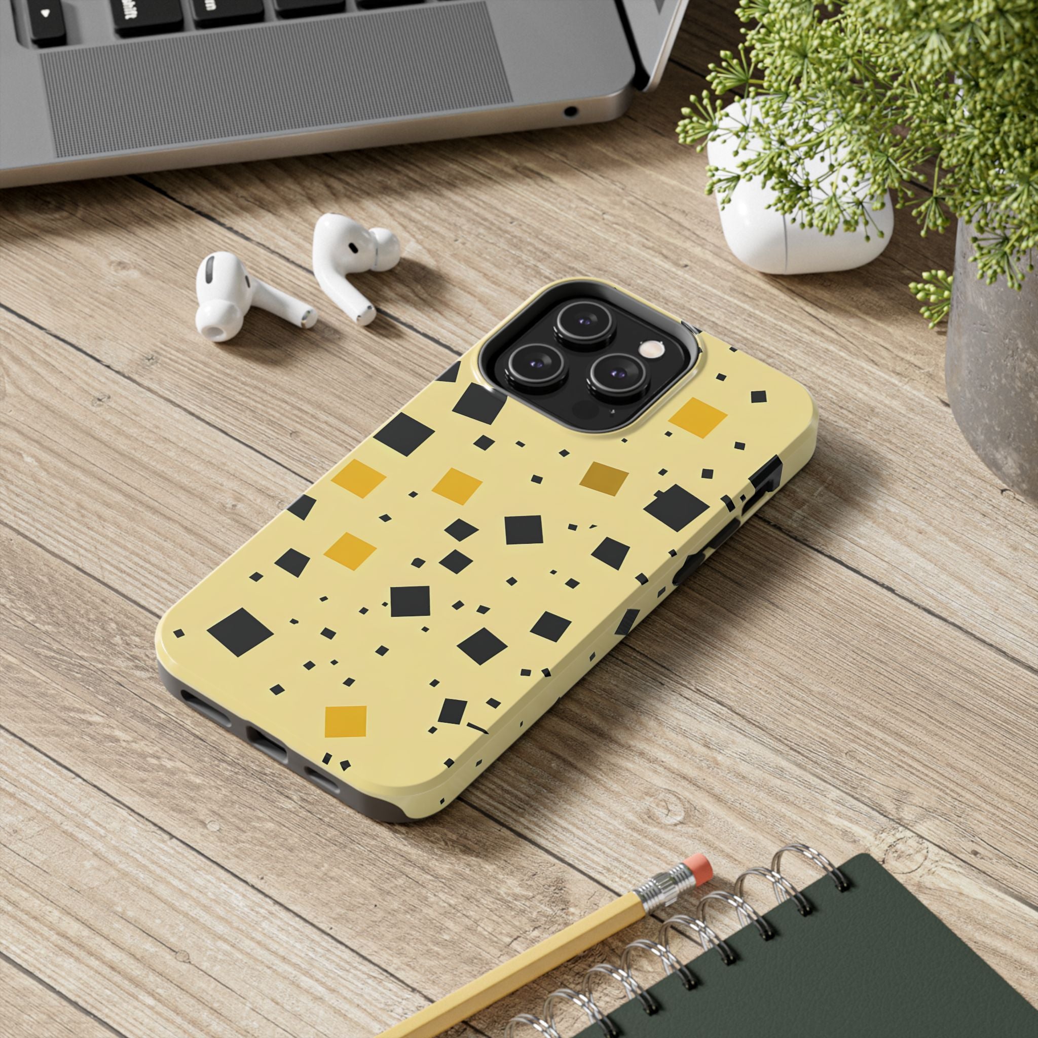 Vibrant Geometric Tough Impact Resistant Phone Case Bold Yellow & Black Squares Design iPhone Samsung