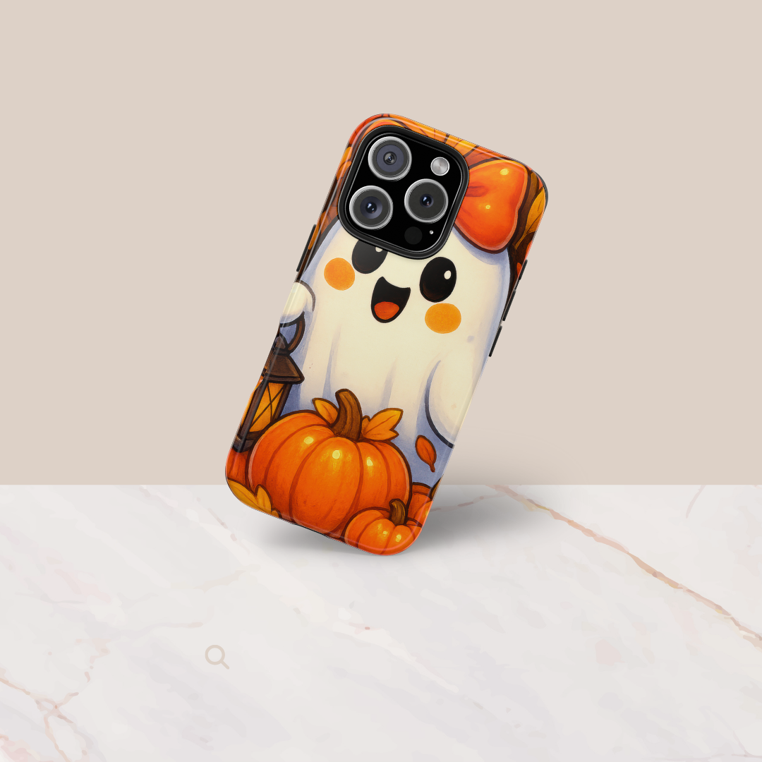 Charming Halloween Tough Phone Case - Ghost with Pumpkins Design, Fall Decor, Spooky Season, Cute Accessories
