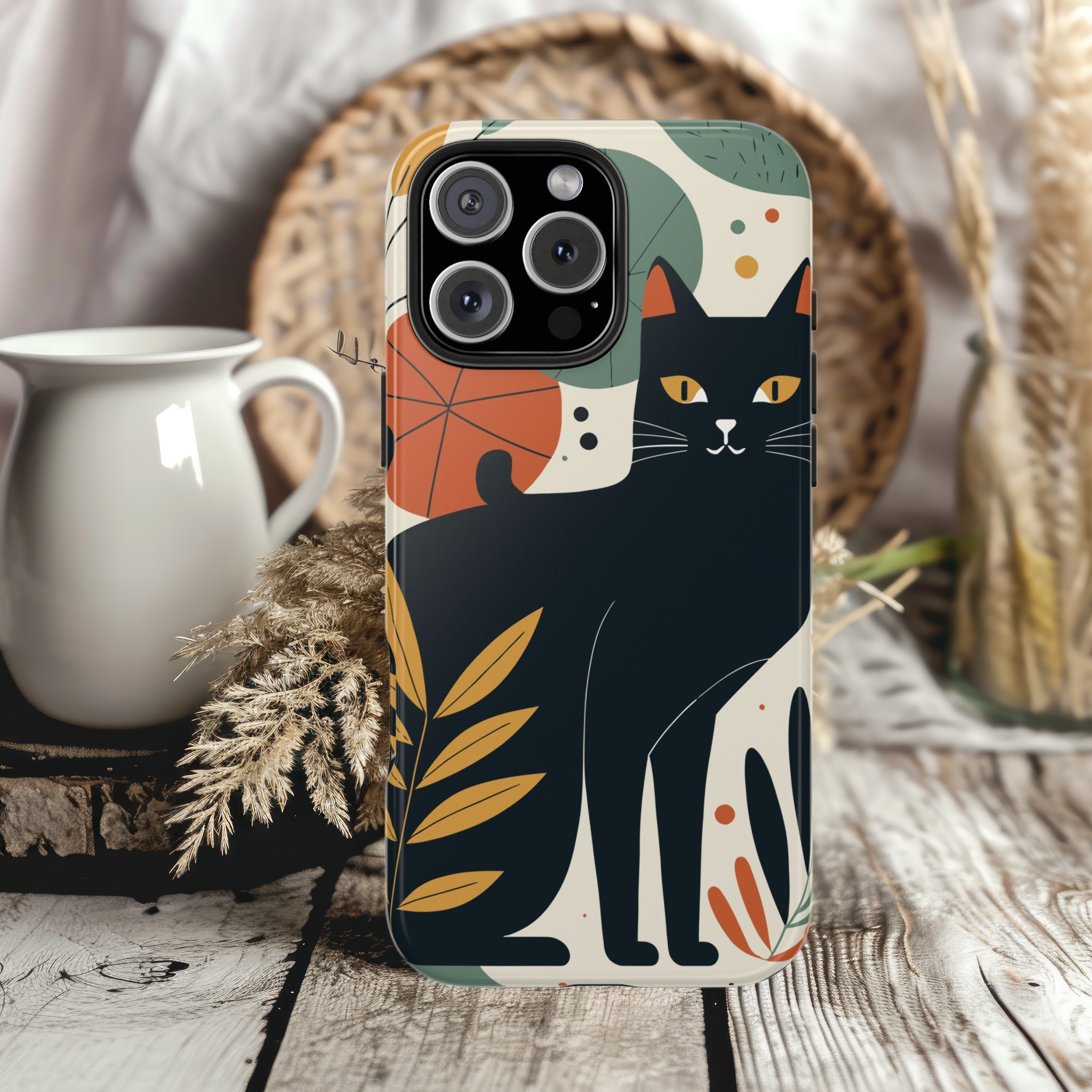 Decorative Floral Black Cat Phone Case Impact Resistant Tough & Stylish Protection iPhone Samsung Cover