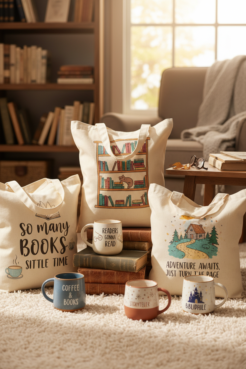 create a vertical image that shows personalized bookish tote bags and coffee mugs