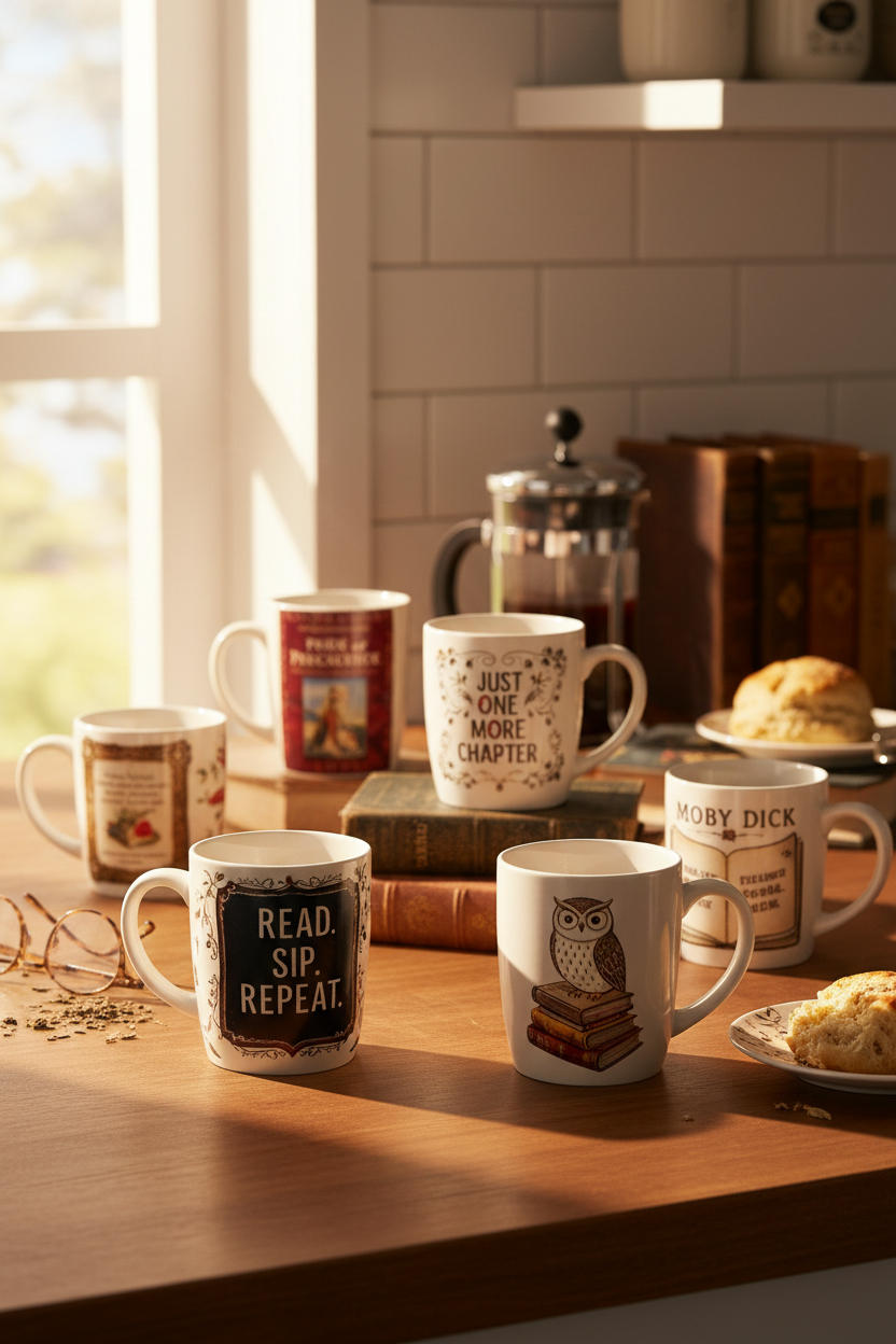 create a vertical image with bookish coffee mugs on a kitchen counter