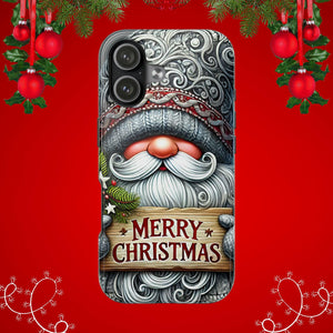 Merry Christmas Holiday Gnome Tough Phone Case For iPhone and Samsung, Impact Resistant Silver and Gray Gnome Holiday Phone Case