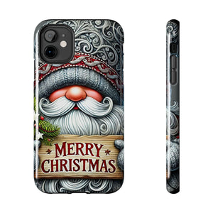 Merry Christmas Holiday Gnome Tough Phone Case For iPhone and Samsung, Impact Resistant Silver and Gray Gnome Holiday Phone Case