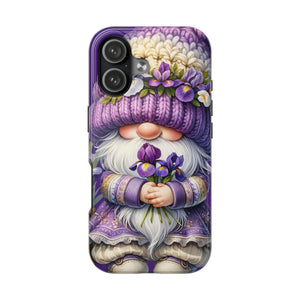a phone case with a whimsical design of a gnome holding flowers and wearing a purple hat.