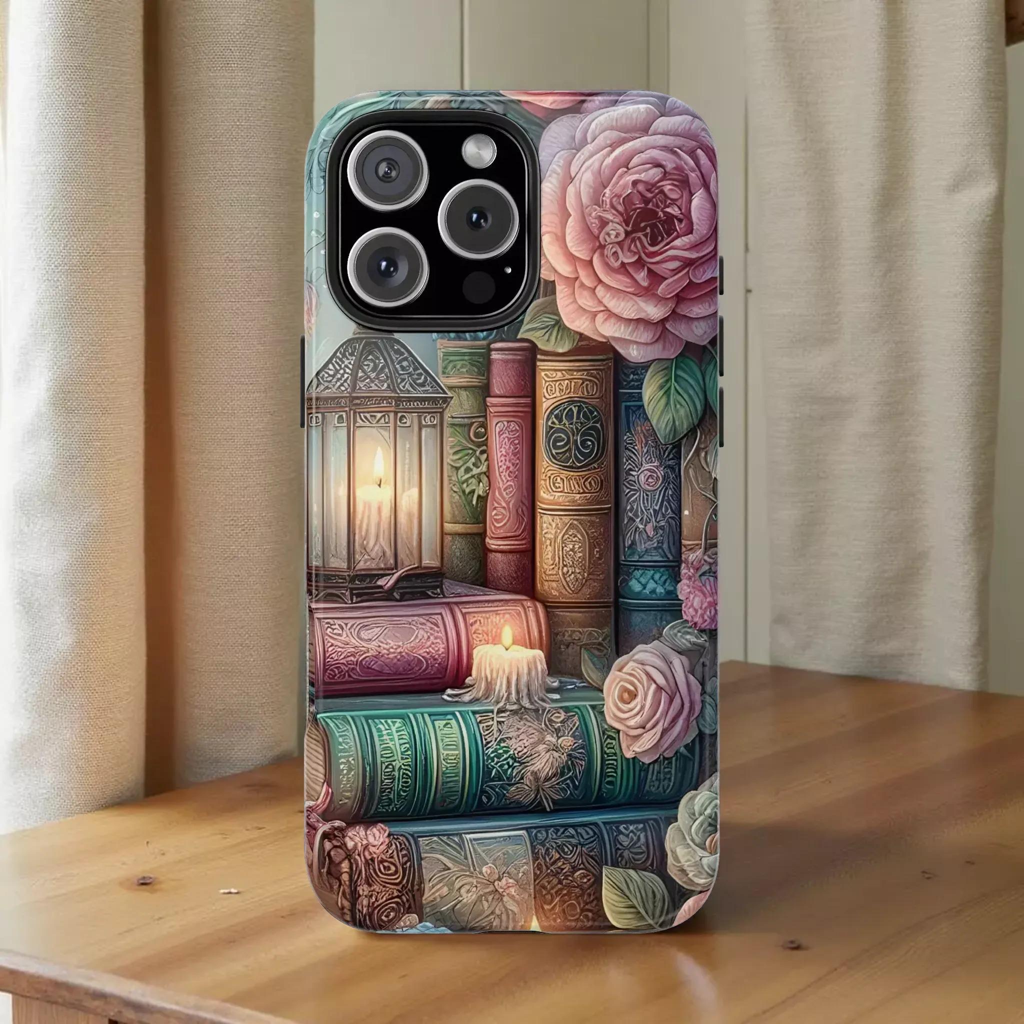 Vintage Look Bookstack Phone Case — Floral Lantern & Candle Protective Cover