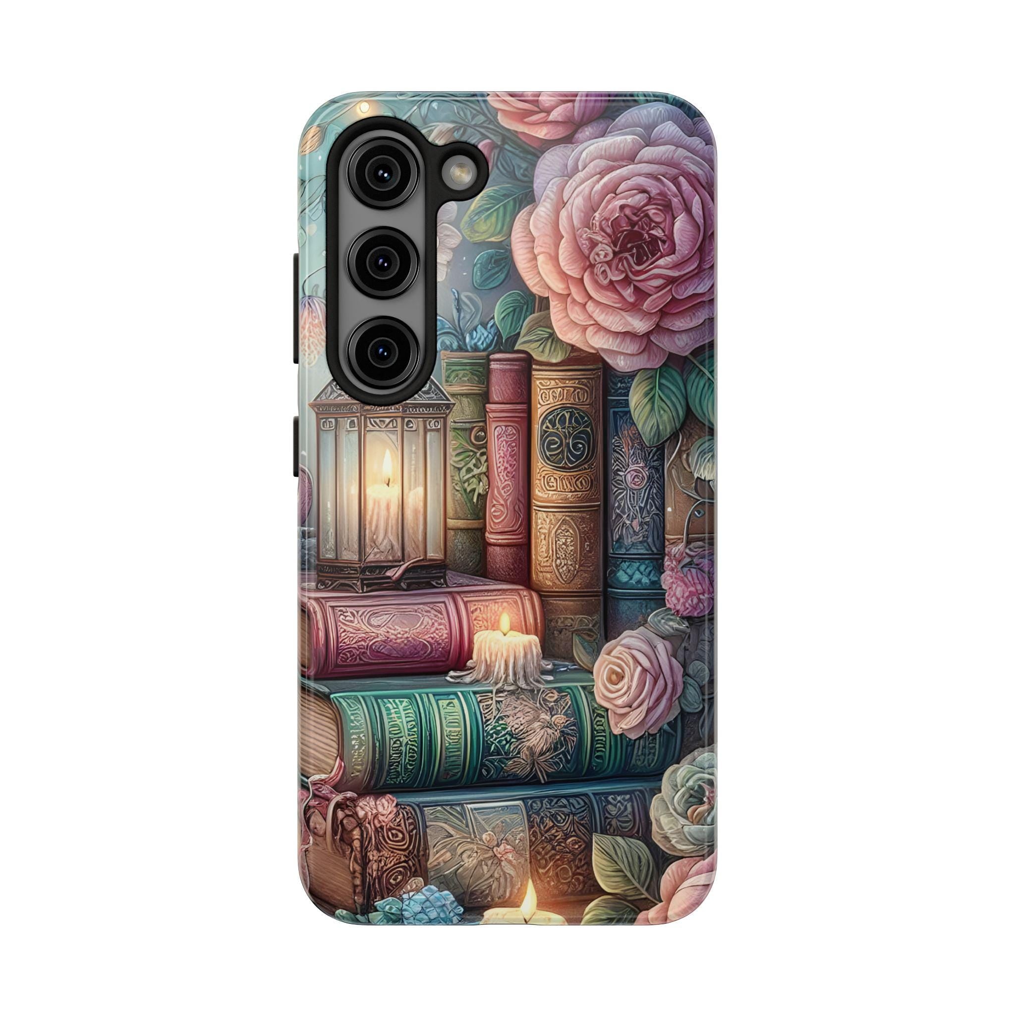 Vintage Look Bookstack Phone Case — Floral Lantern & Candle Protective Cover