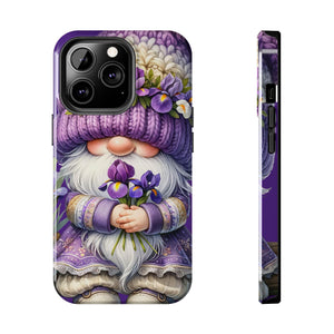 a phone case with a whimsical design of a gnome holding flowers and wearing a purple hat.